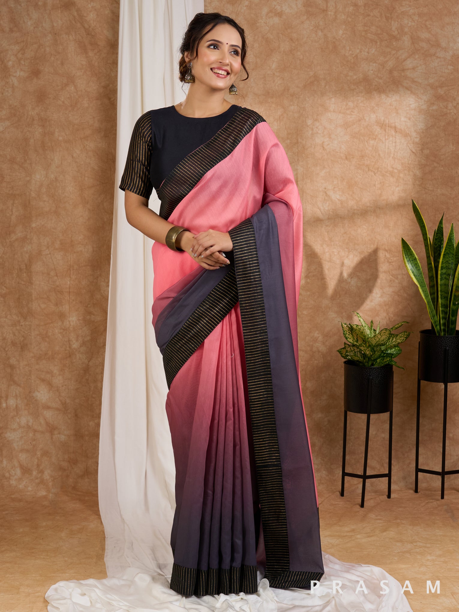 Milan - Peach & Purple Ombre Chanderi Saree with Block Printed Border