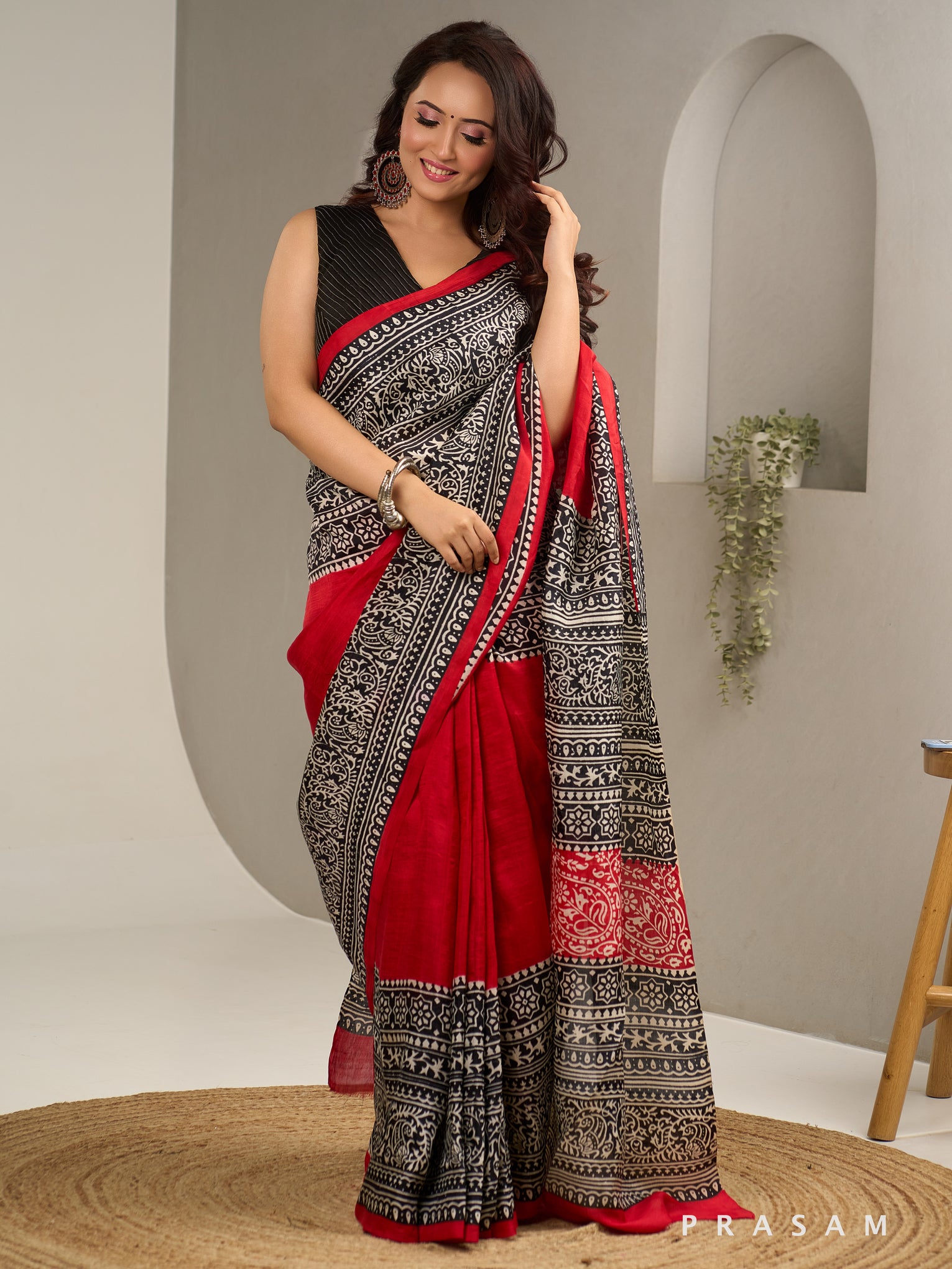 Sanskruti Black & Red Hand Painted Pure Silk Saree.