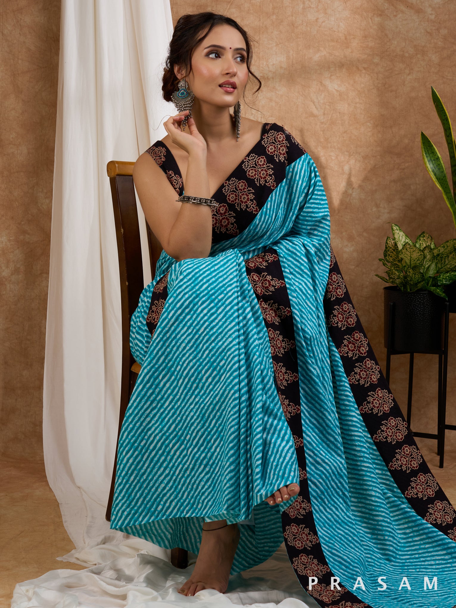 Heavenly Bliss - Leheriya Cotton Saree with Ajrakh Border