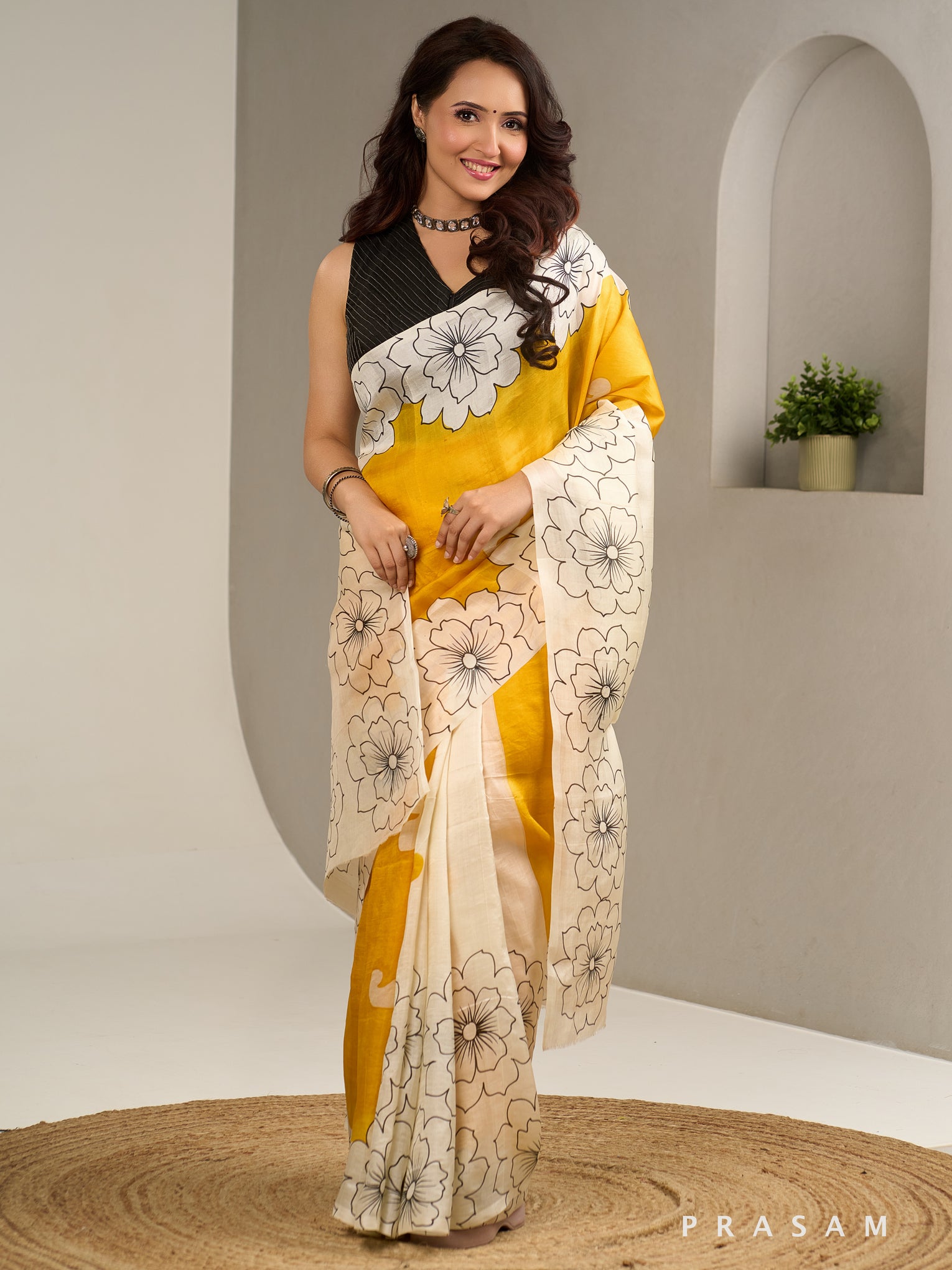 Blooming Sunshine Pure Silk Hand Painted Saree.
