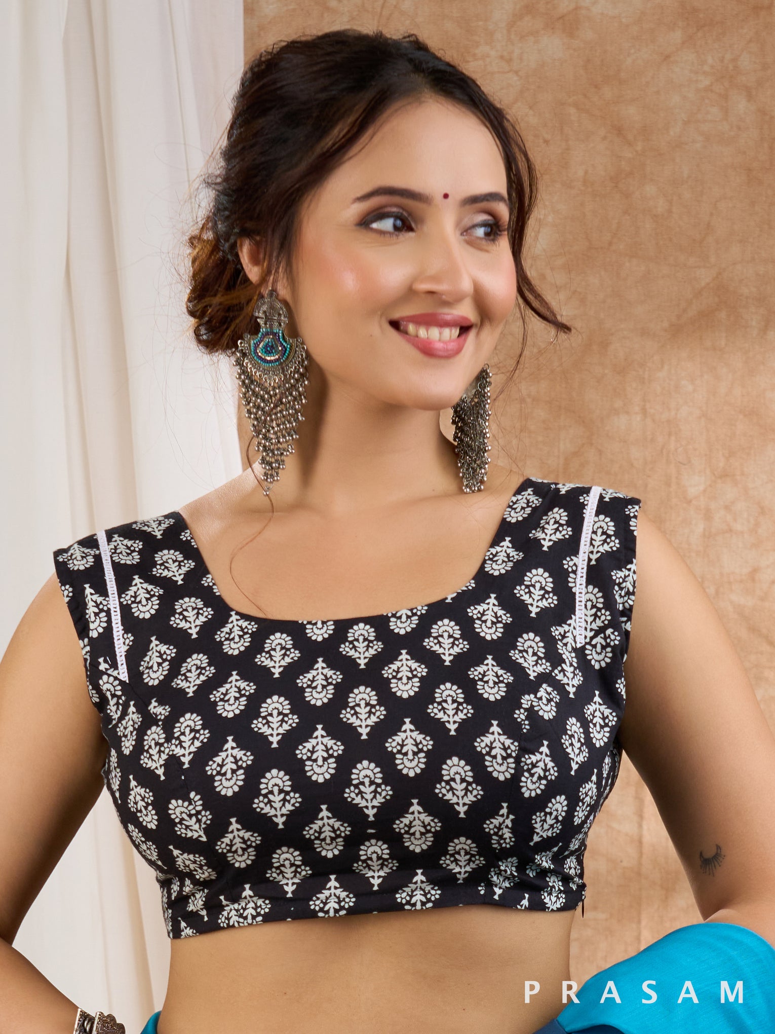 Black Printed Cotton Sleeveless Blouse