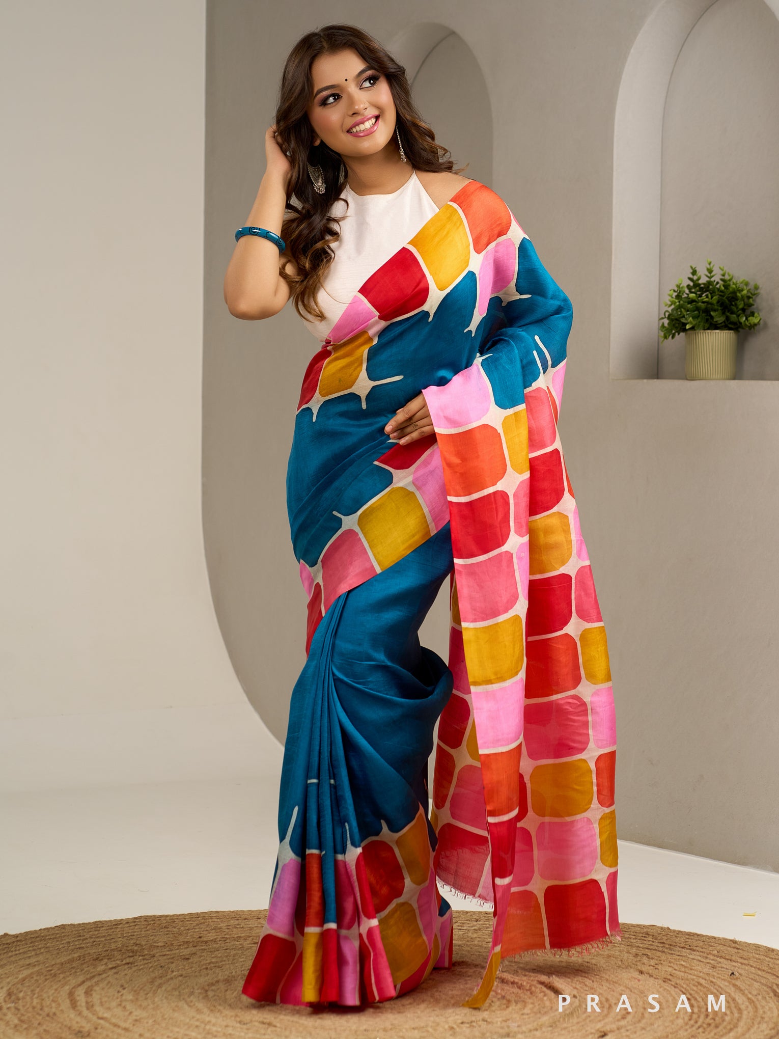 Vivid Color Blocks Hand Painted Pure Silk Saree