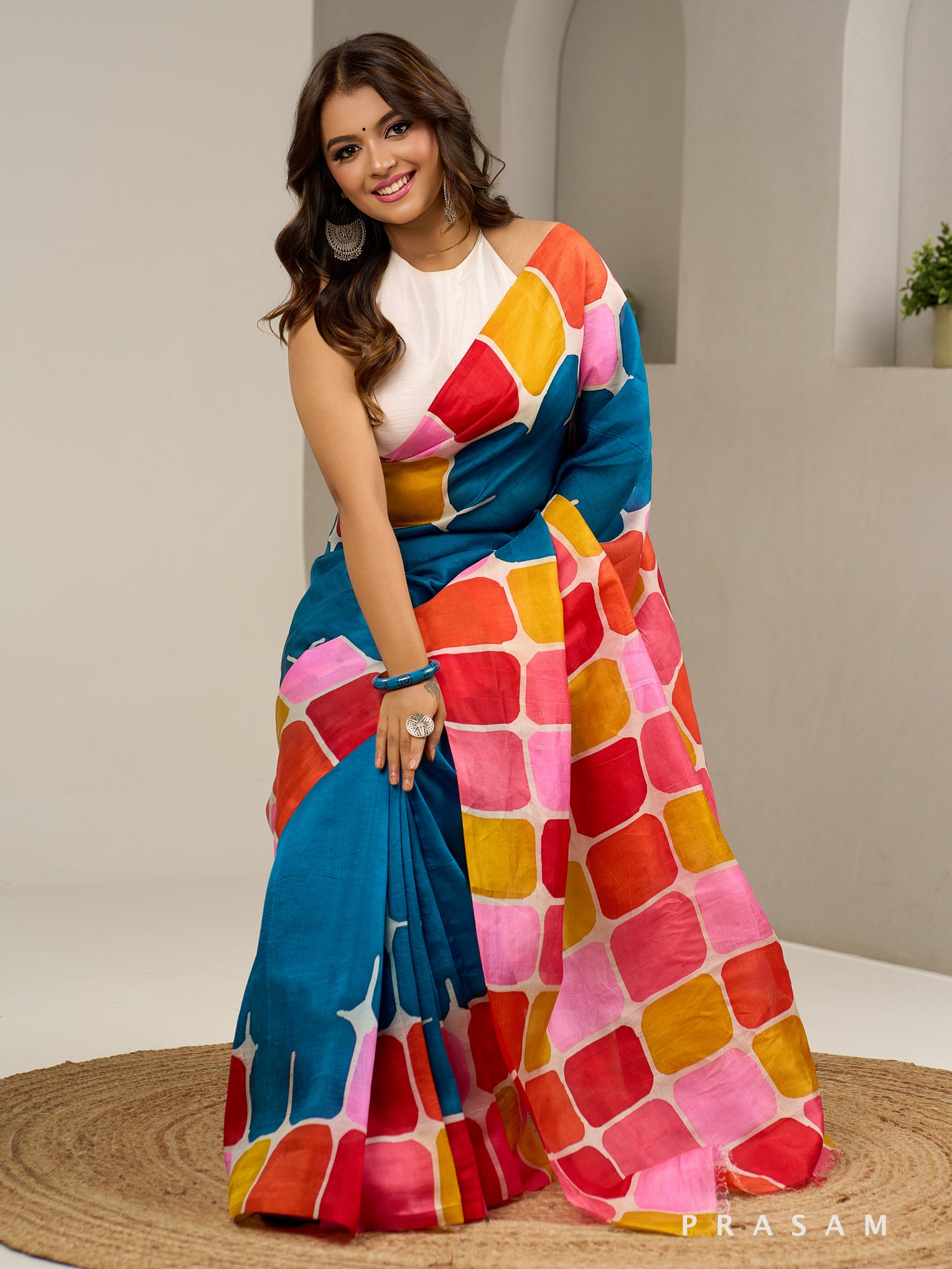 Vivid Color Blocks Hand Painted Pure Silk Saree