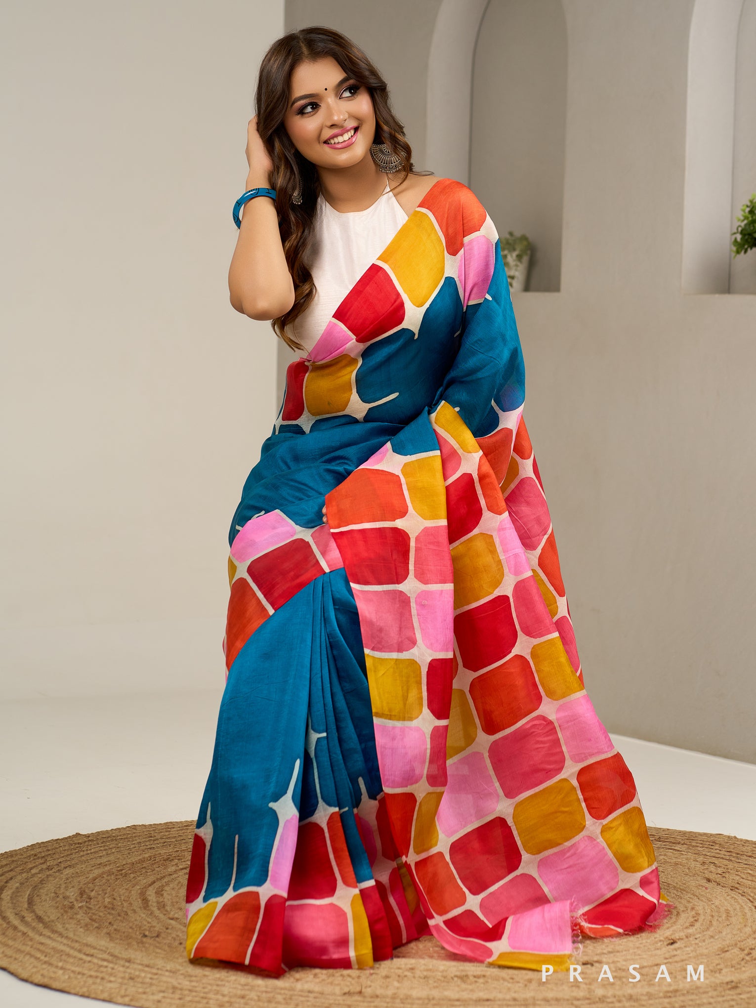 Vivid Color Blocks Hand Painted Pure Silk Saree