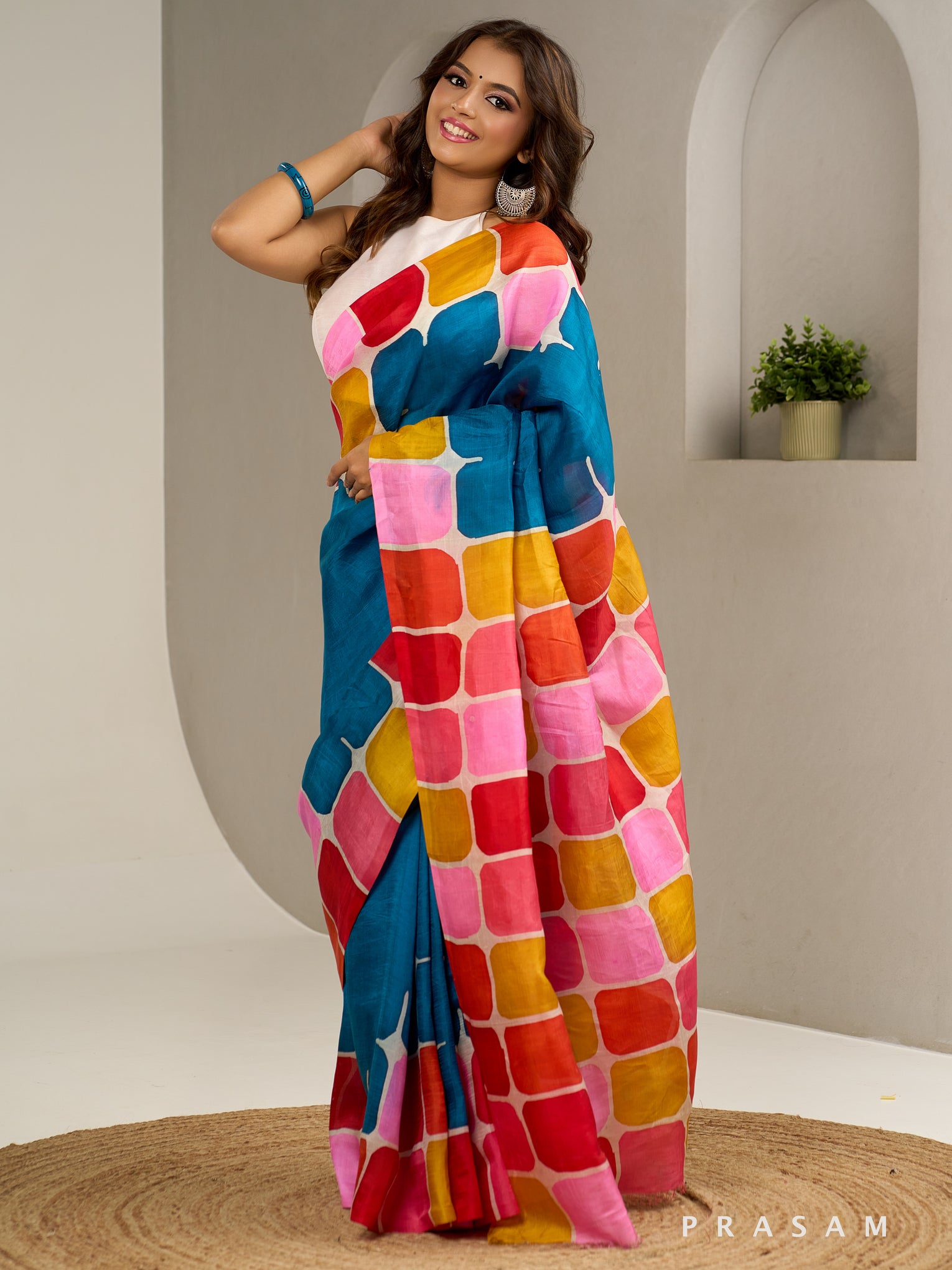Vivid Color Blocks Hand Painted Pure Silk Saree