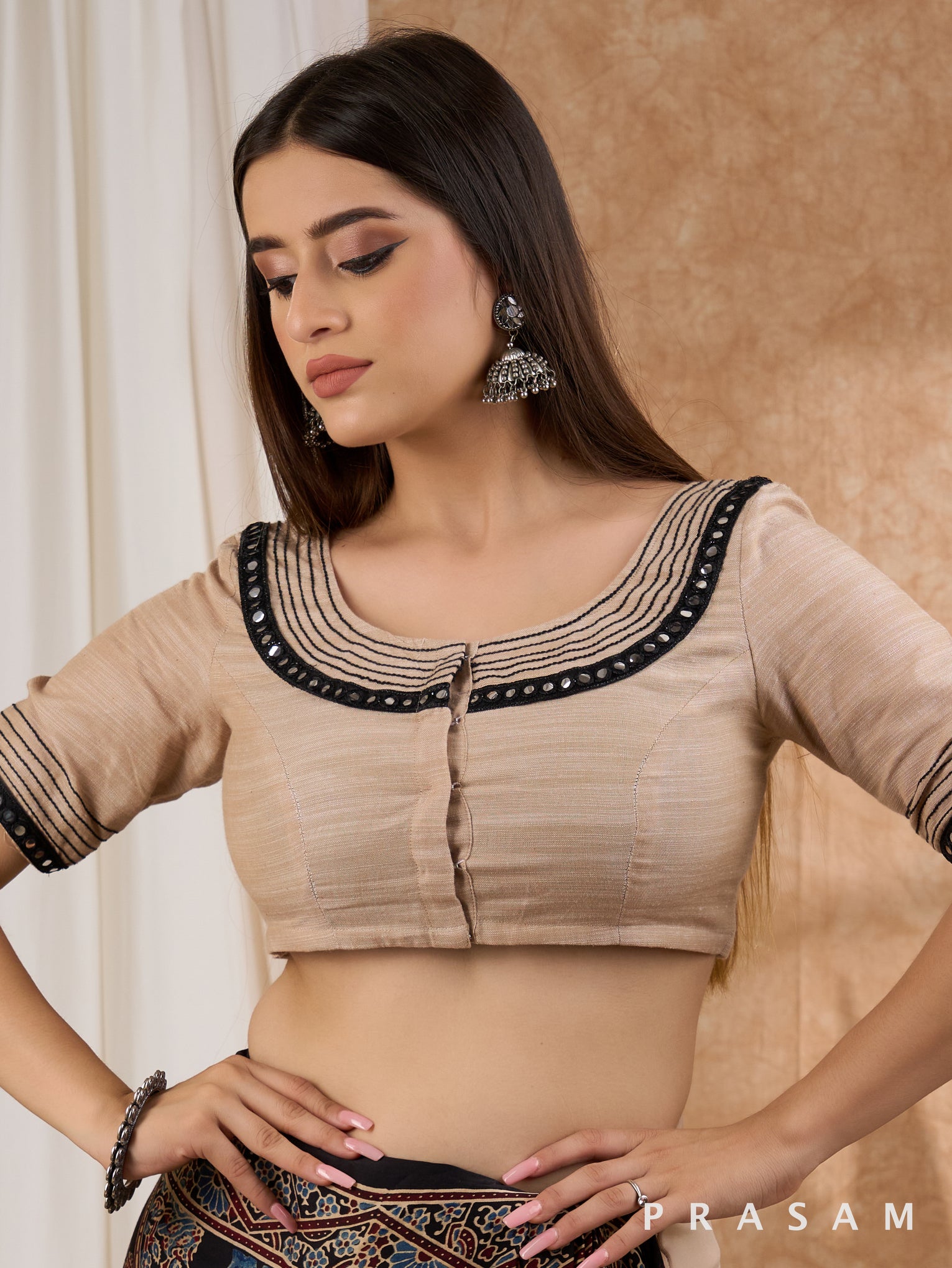Beige Blouse with Black Embroidery Stich and Mirror Lace