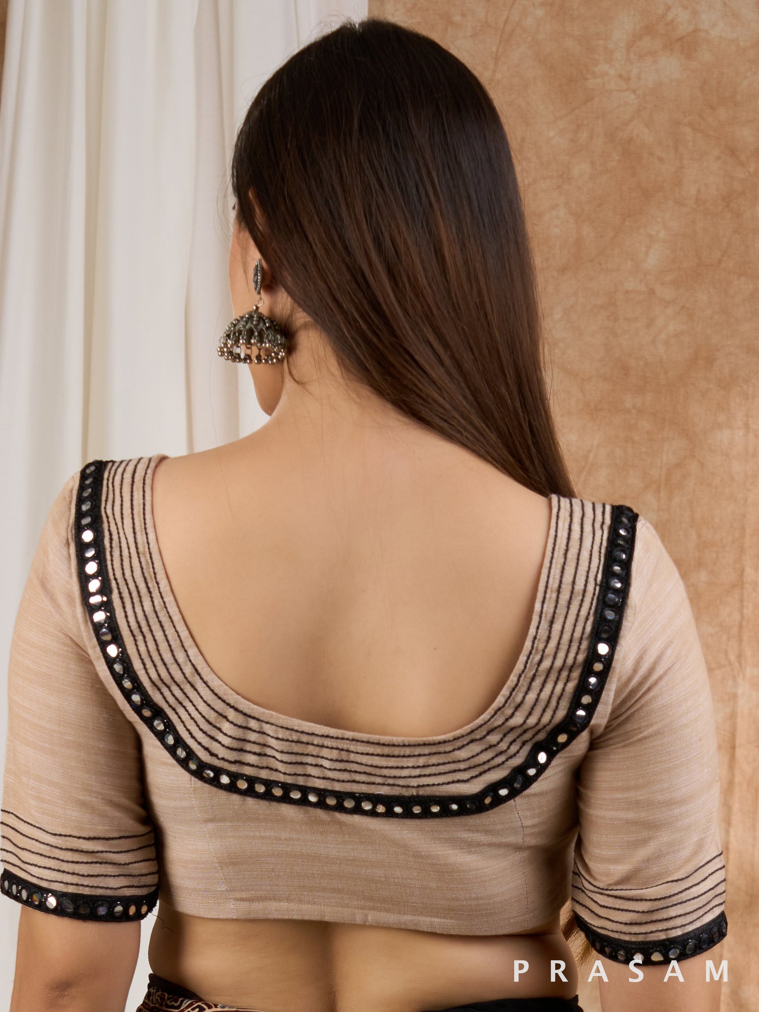 Beige Blouse with Black Embroidery Stich and Mirror Lace