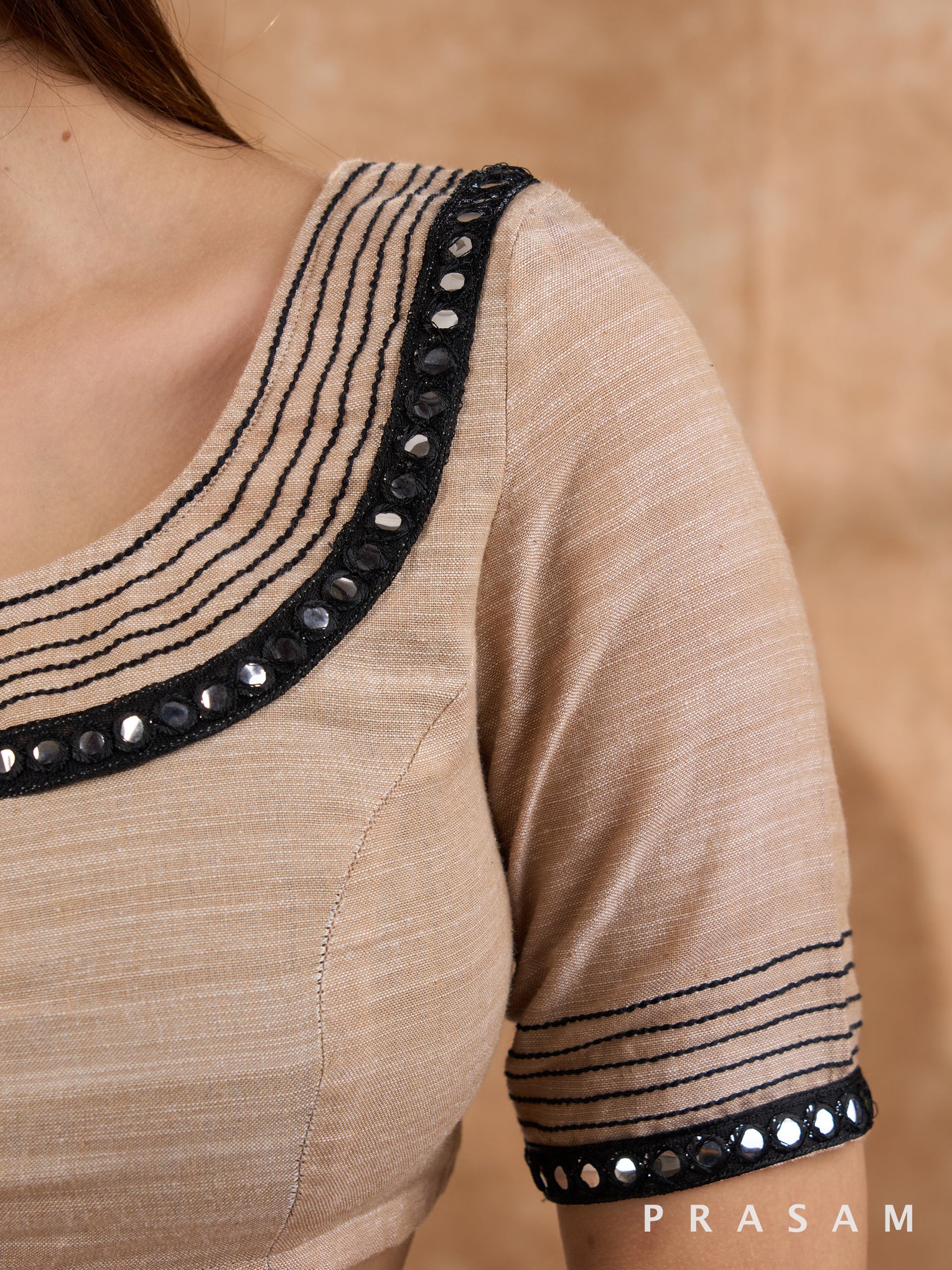 Beige Blouse with Black Embroidery Stich and Mirror Lace