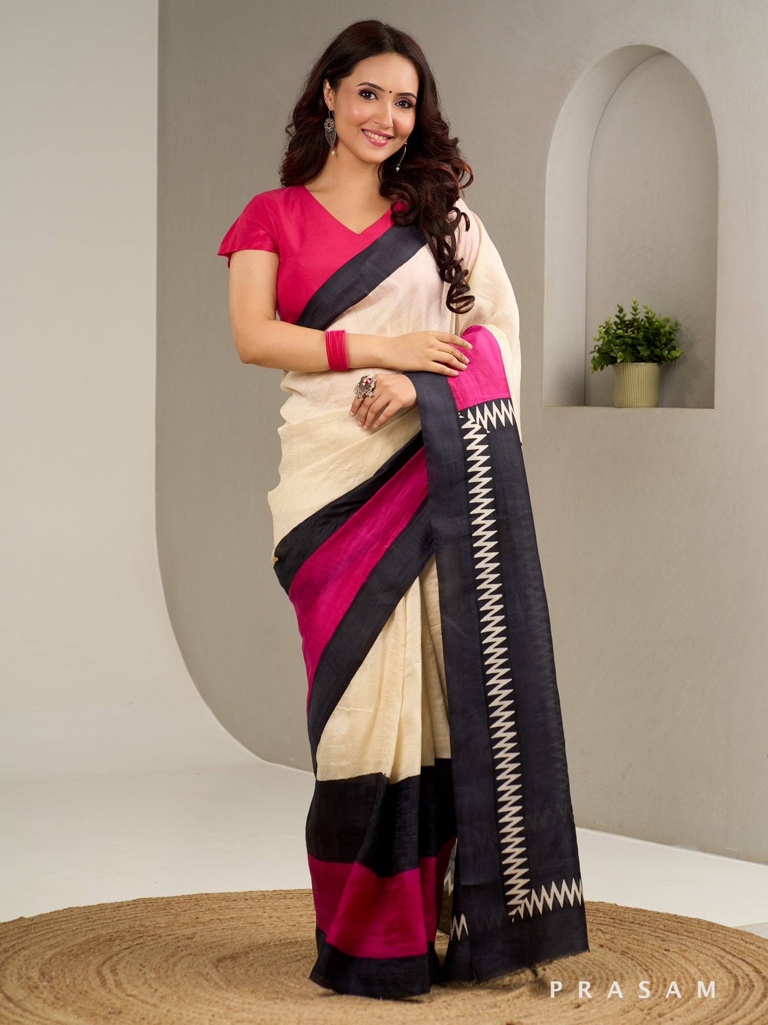 Linear Grace Hand Printed Pure Silk Saree.