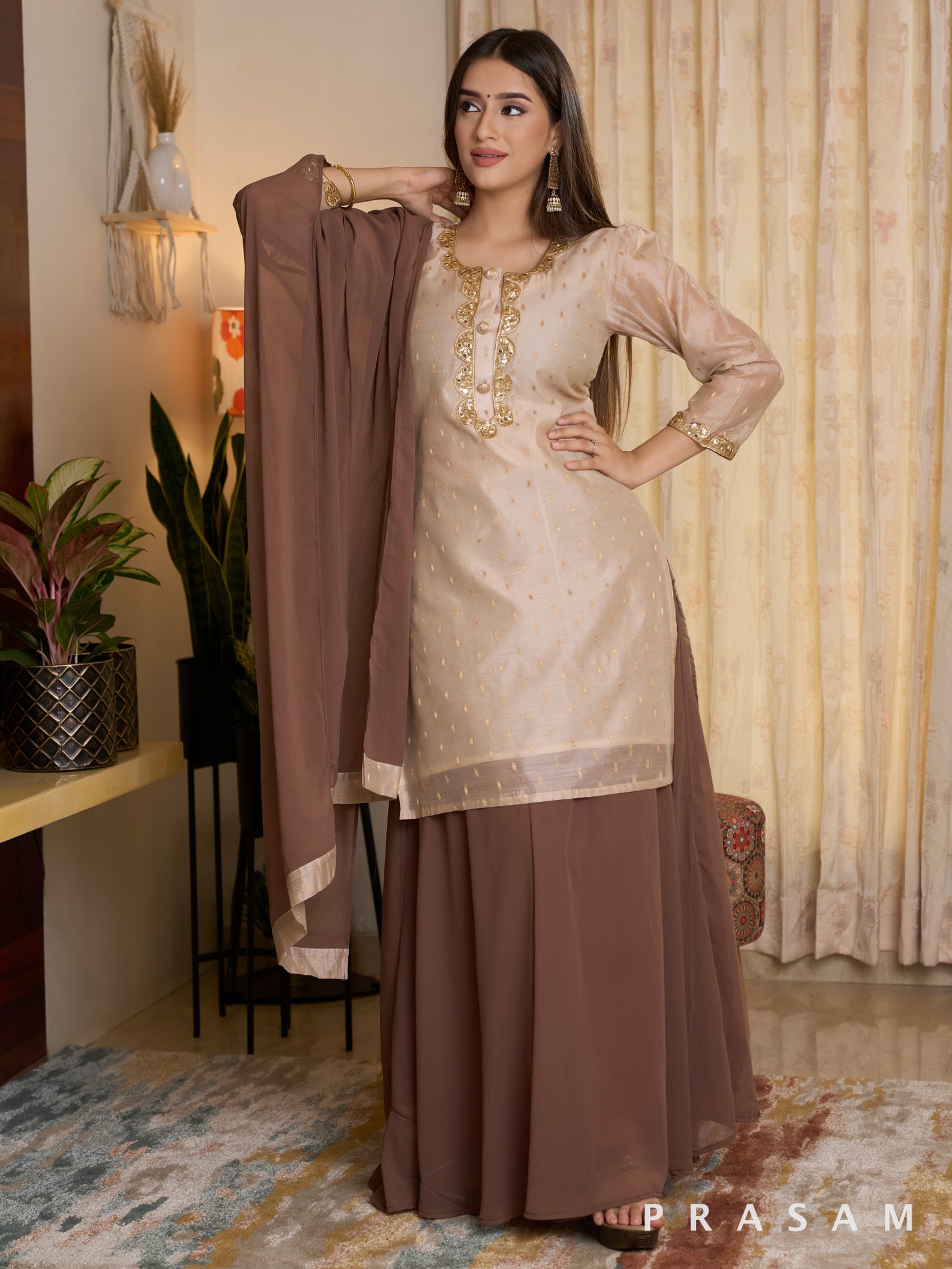 Luxe Gold Chanderi Kurti with Georgette Skirt and Dupatta Set