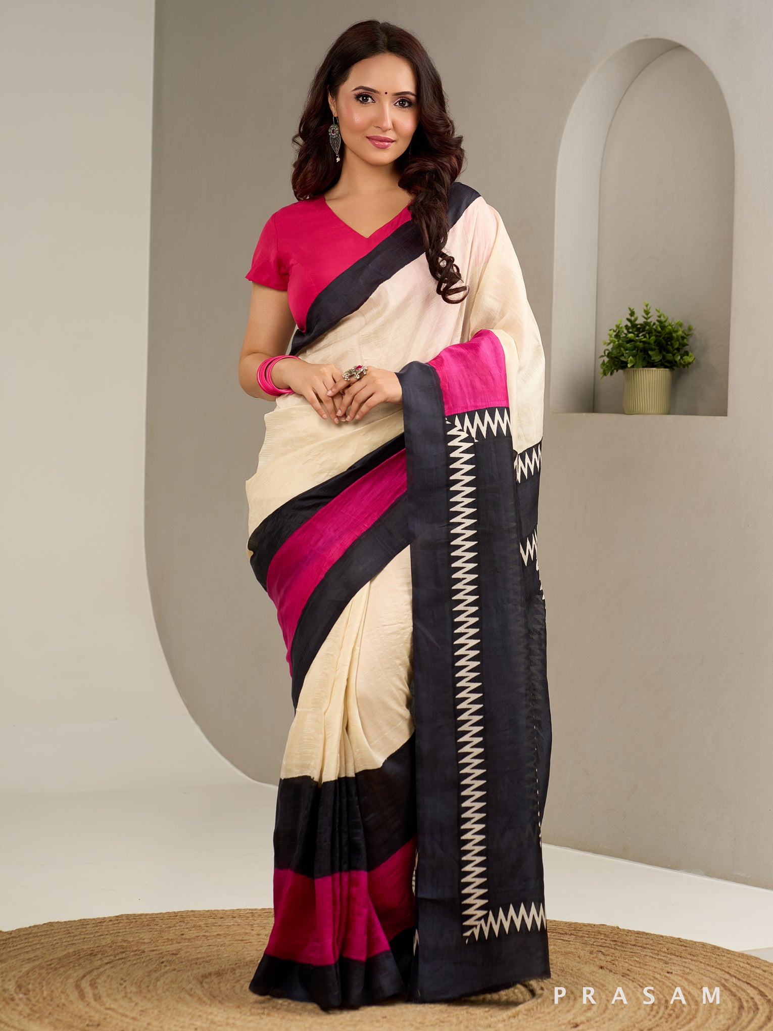 Linear Grace Hand Printed Pure Silk Saree.