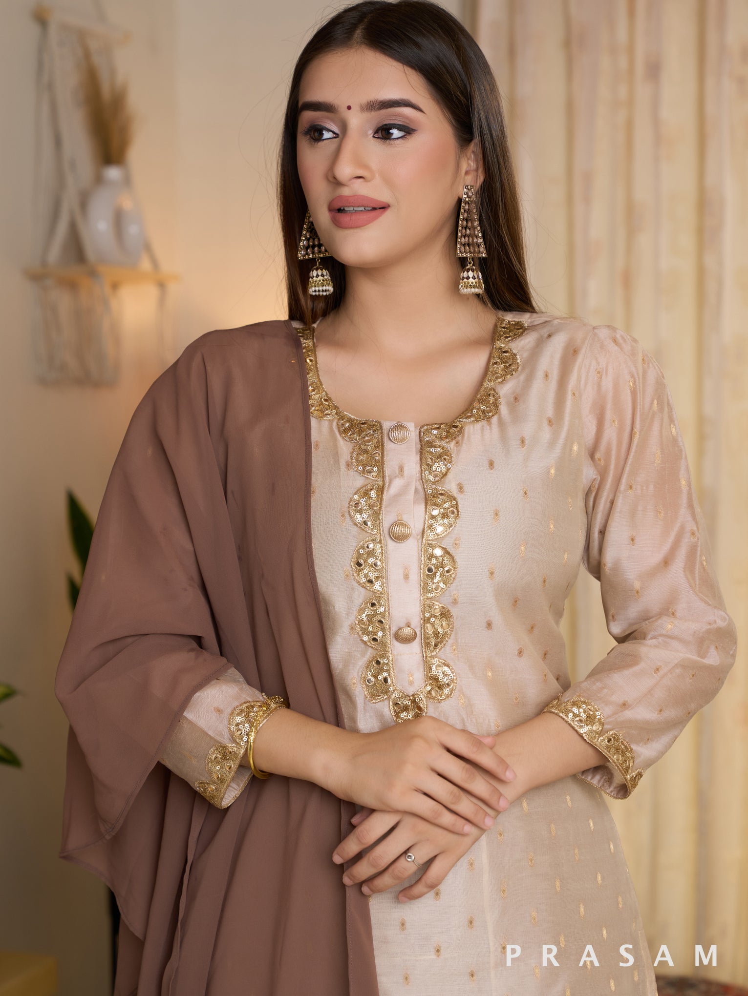 Luxe Gold Chanderi Kurti with Georgette Skirt and Dupatta Set