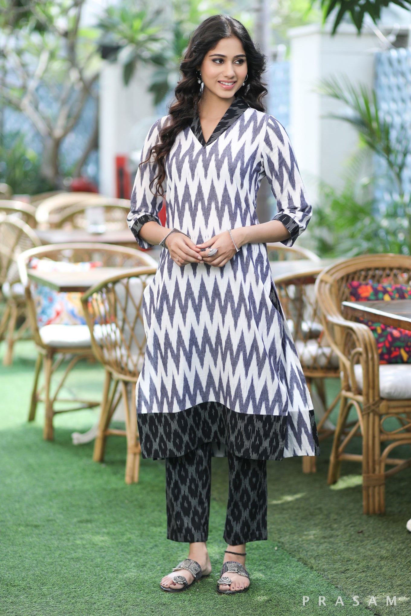 Urban Ikat Elegance Stylish Grey And Black Combination Ikat Kurti (Optional Pants)