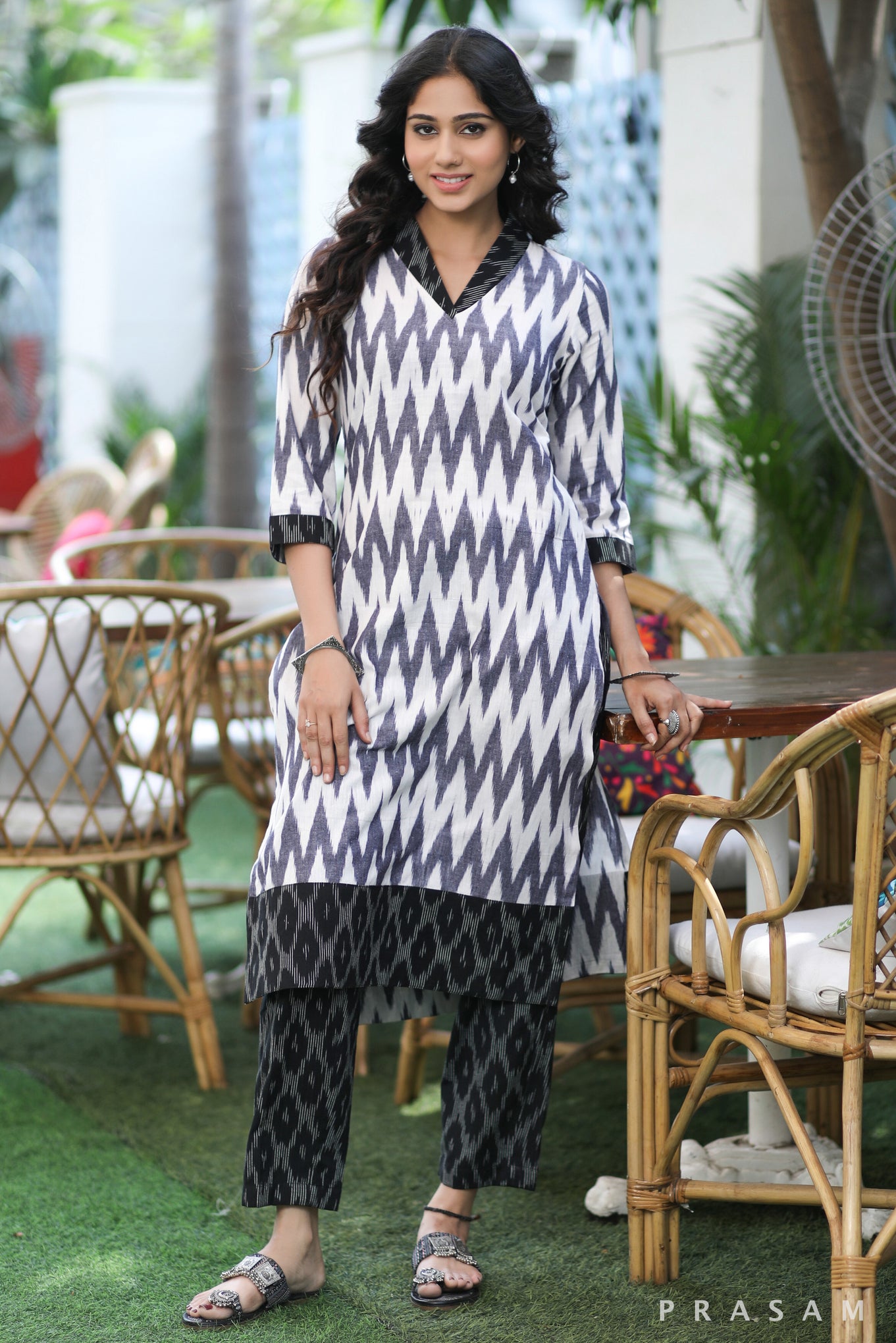 Urban Ikat Elegance Stylish Grey And Black Combination Ikat Kurti (Optional Pants)