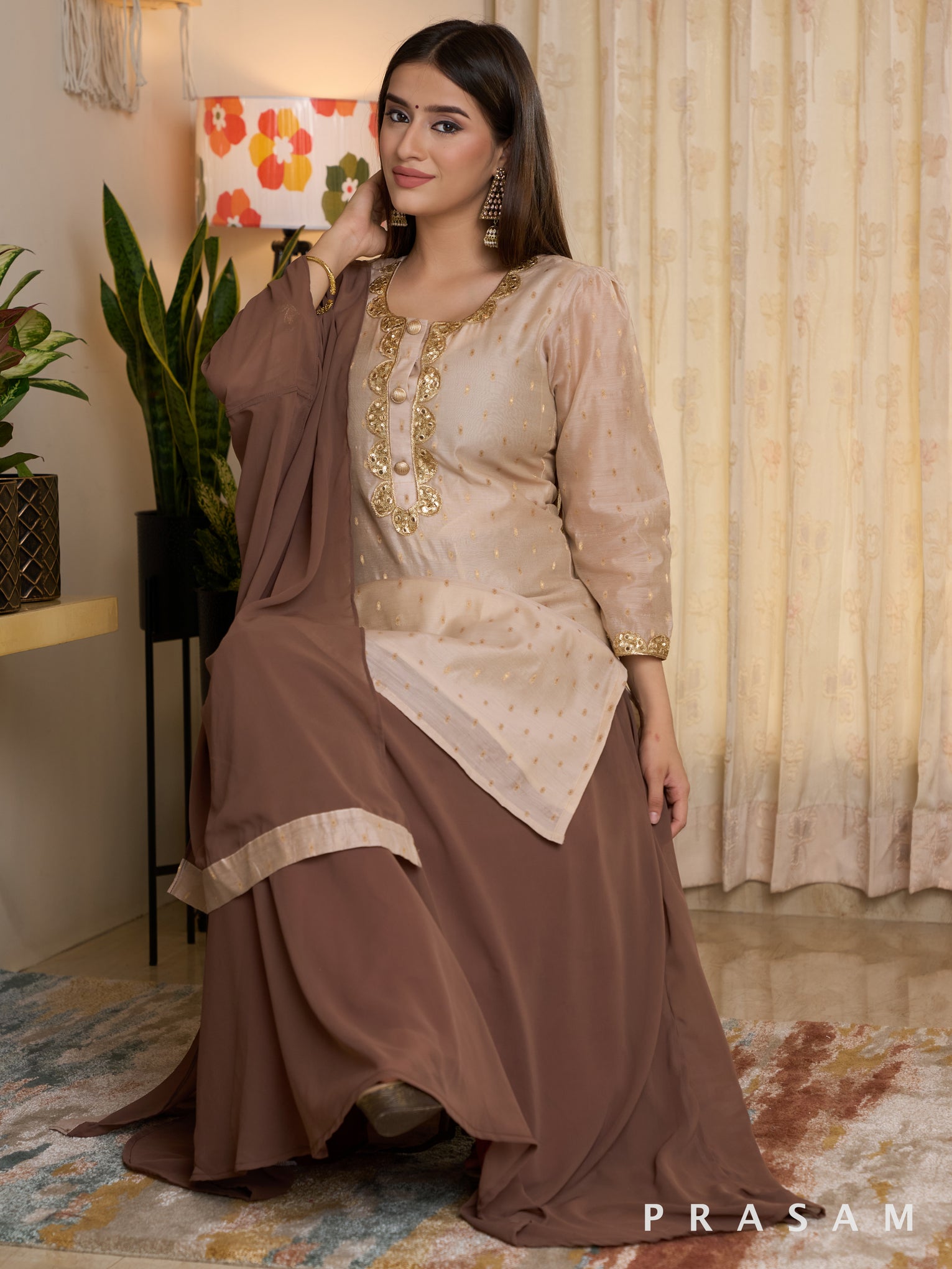 Luxe Gold Chanderi Kurti with Georgette Skirt and Dupatta Set