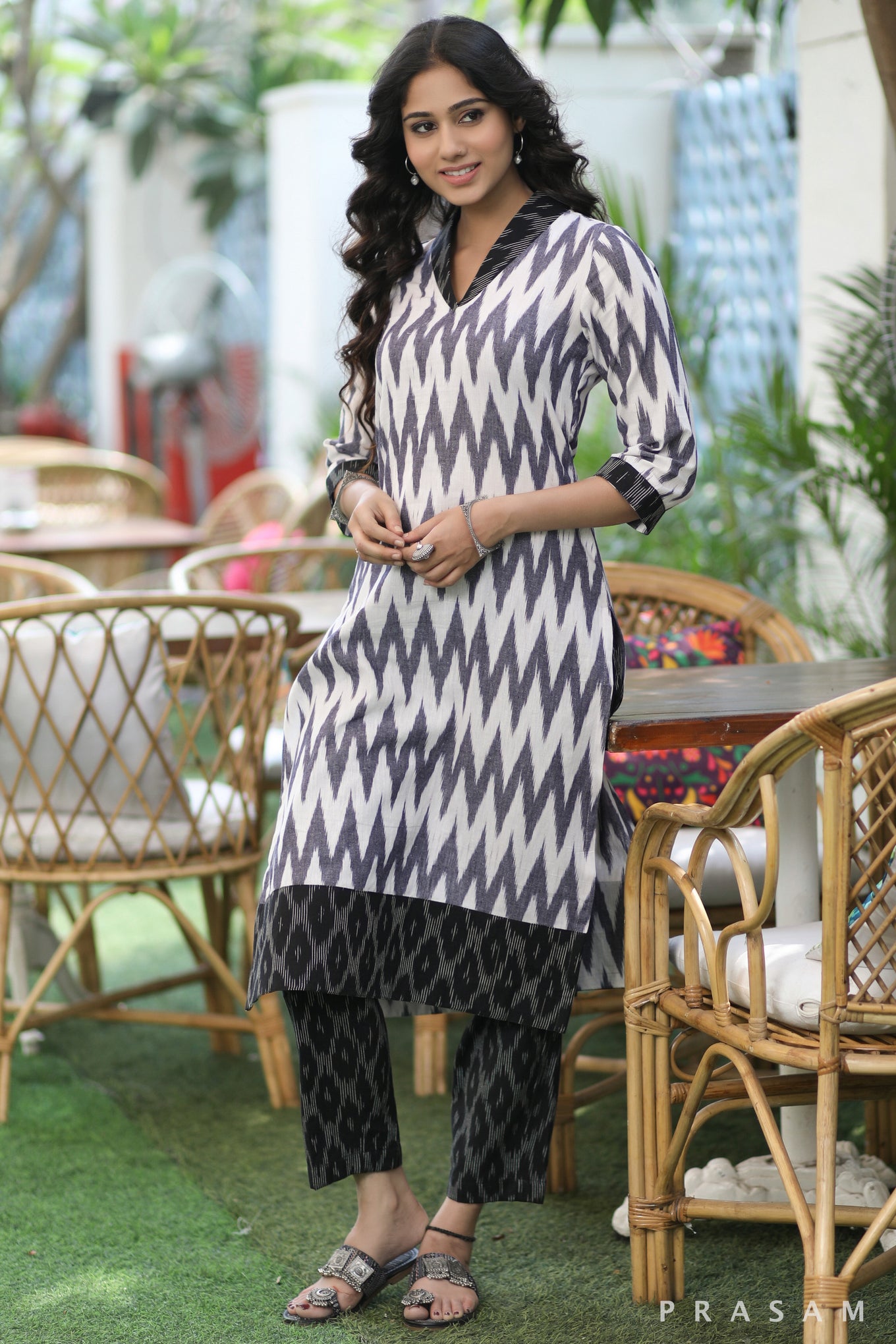 Urban Ikat Elegance Stylish Grey And Black Combination Ikat Kurti (Optional Pants)