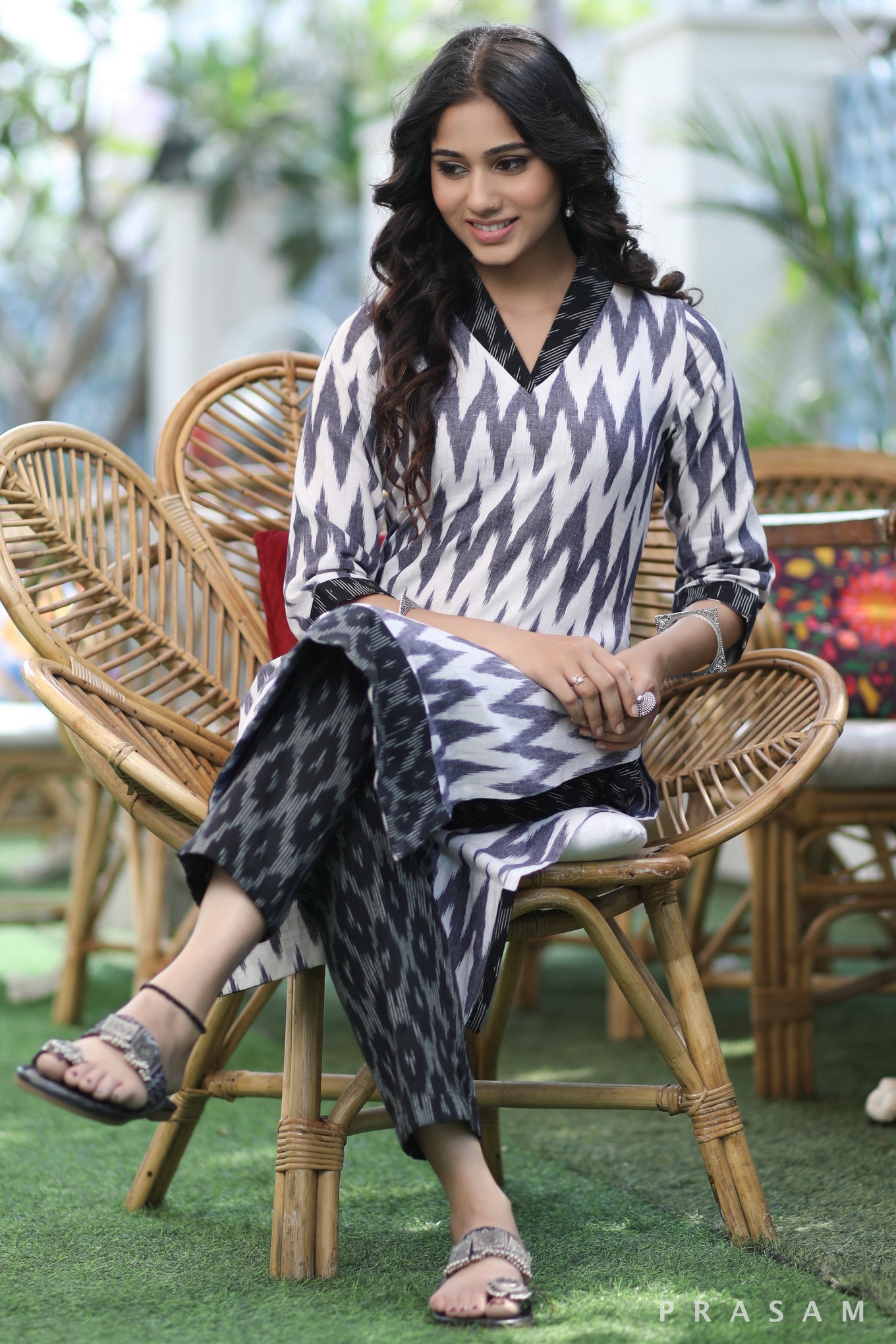 Urban Ikat Elegance Stylish Grey And Black Combination Ikat Kurti (Optional Pants)