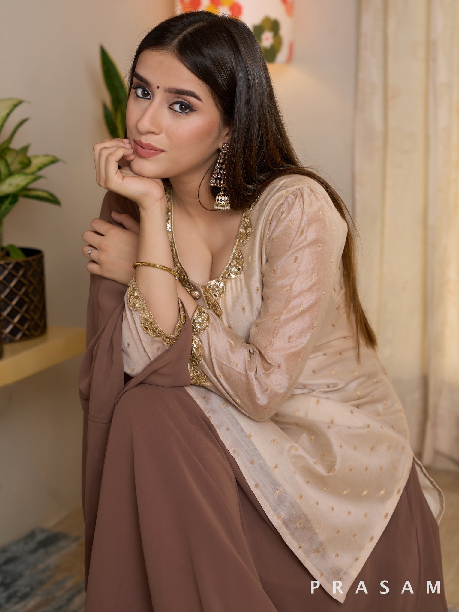 Luxe Gold Chanderi Kurti with Georgette Skirt and Dupatta Set