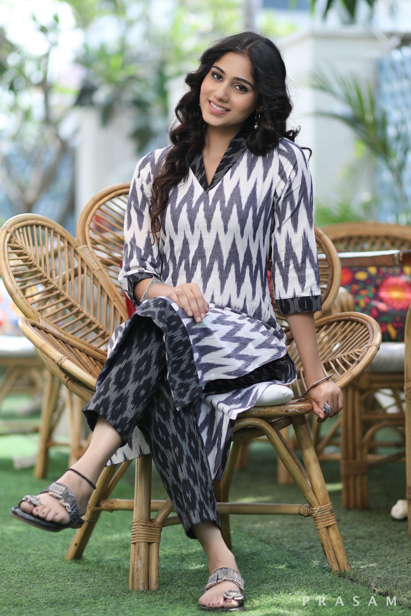 Urban Ikat Elegance Stylish Grey And Black Combination Ikat Kurti (Optional Pants)