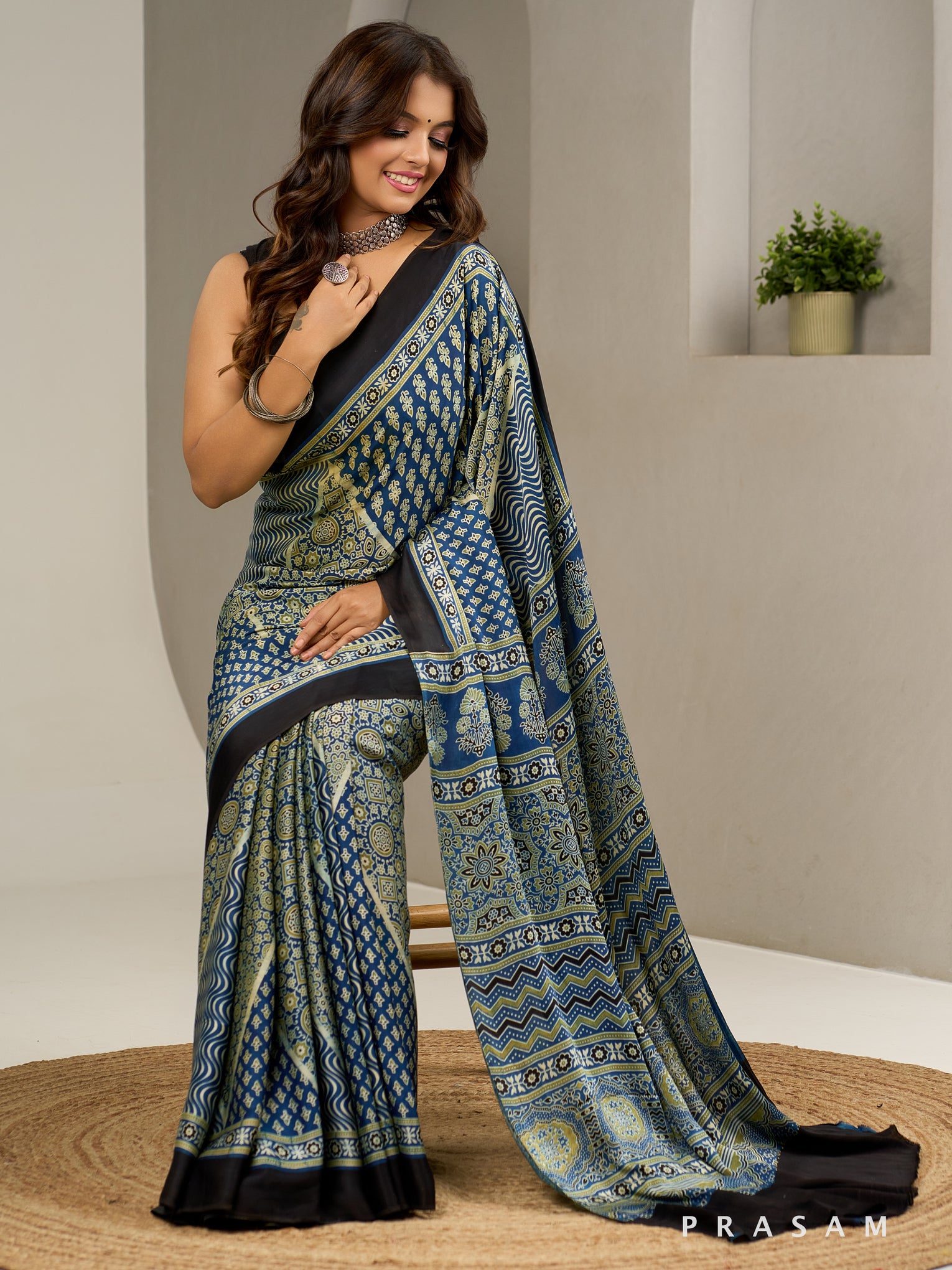 Inkroot Elegance Ajrakh Modal Silk Saree.