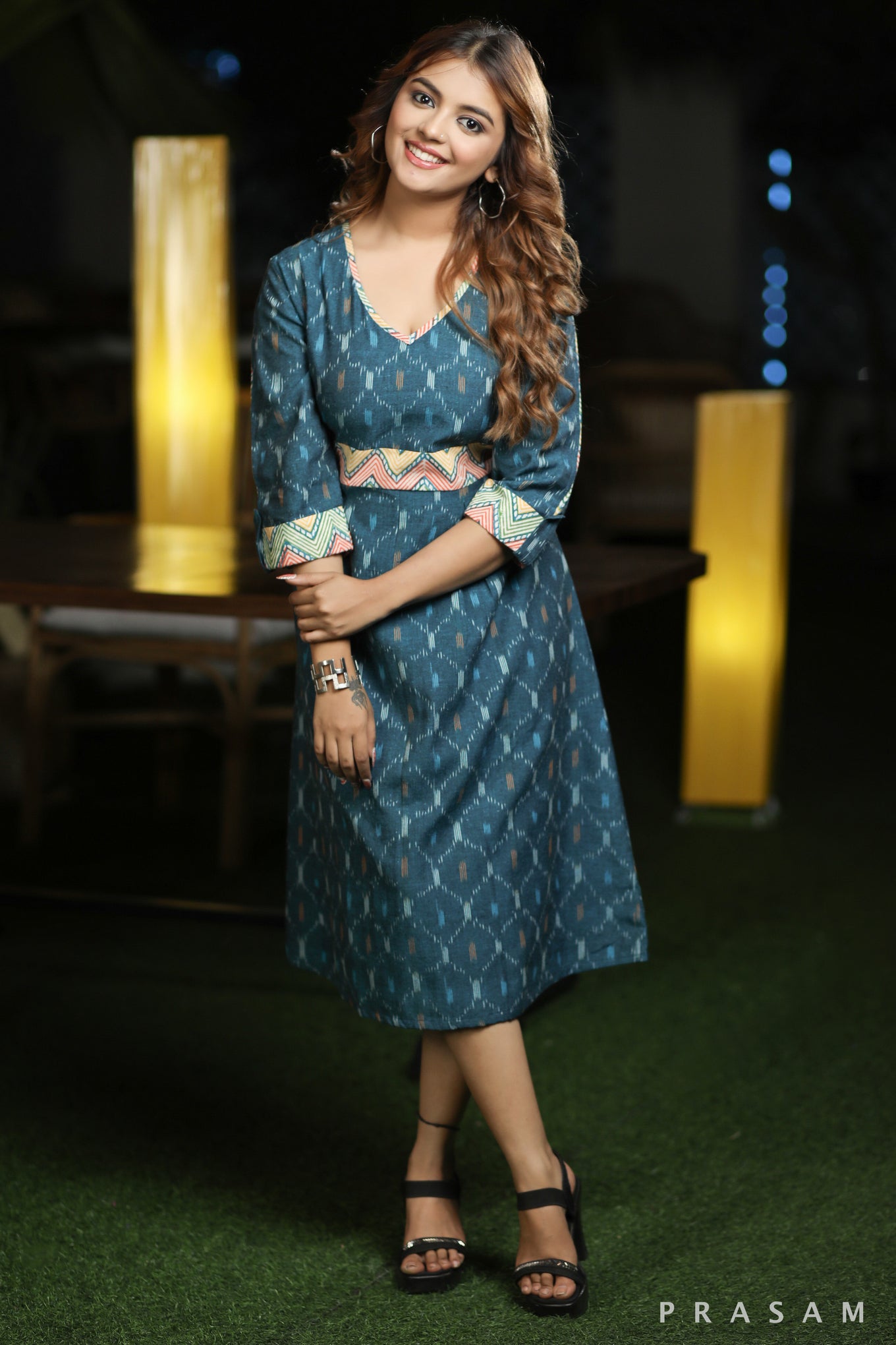 Tapestry Teal- Trendy Handloom Cotton Ikat With Bagru Trims Dress