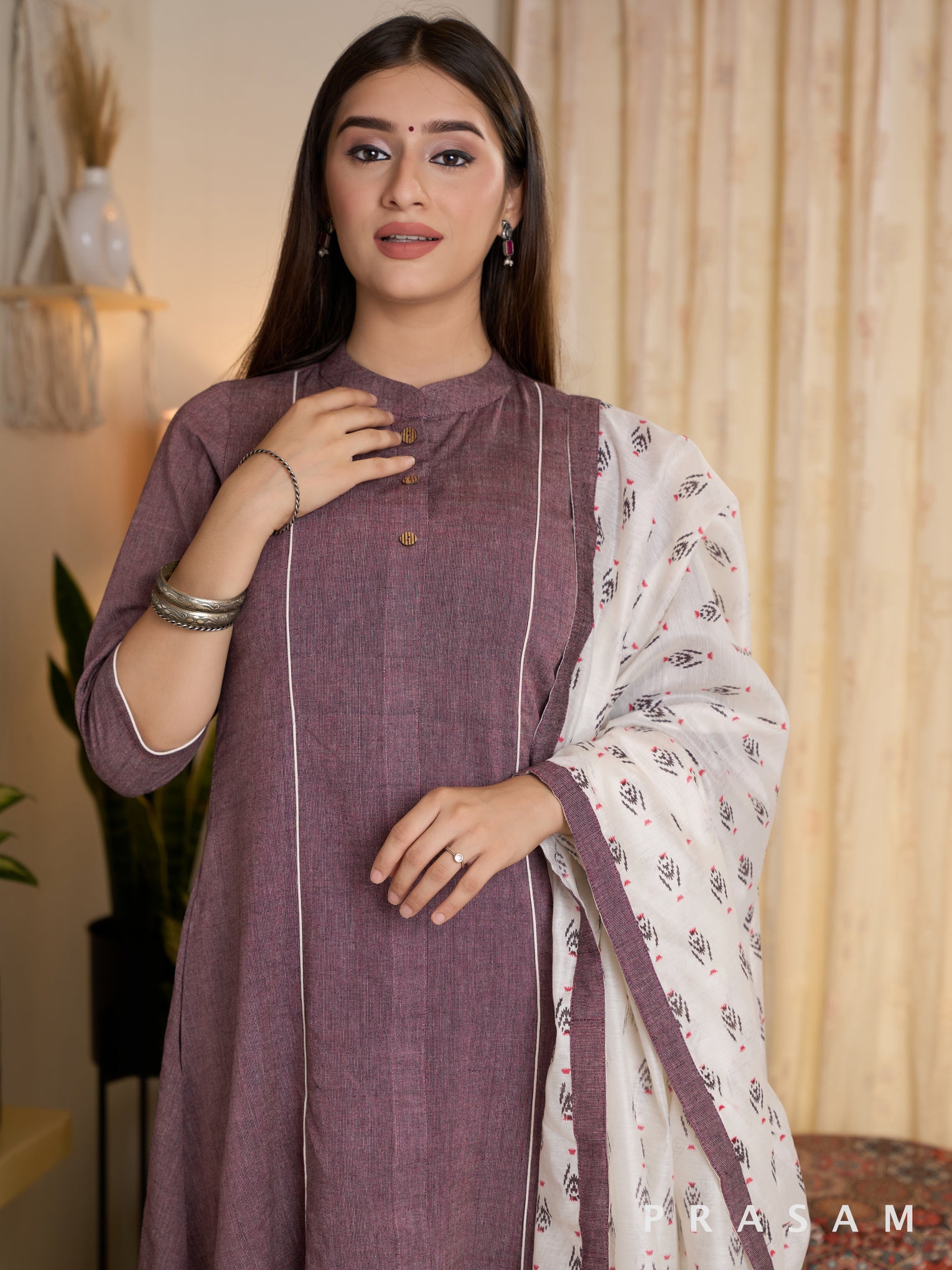 Earthy Violet Handloom Kurta set (optional block printed dupatta)