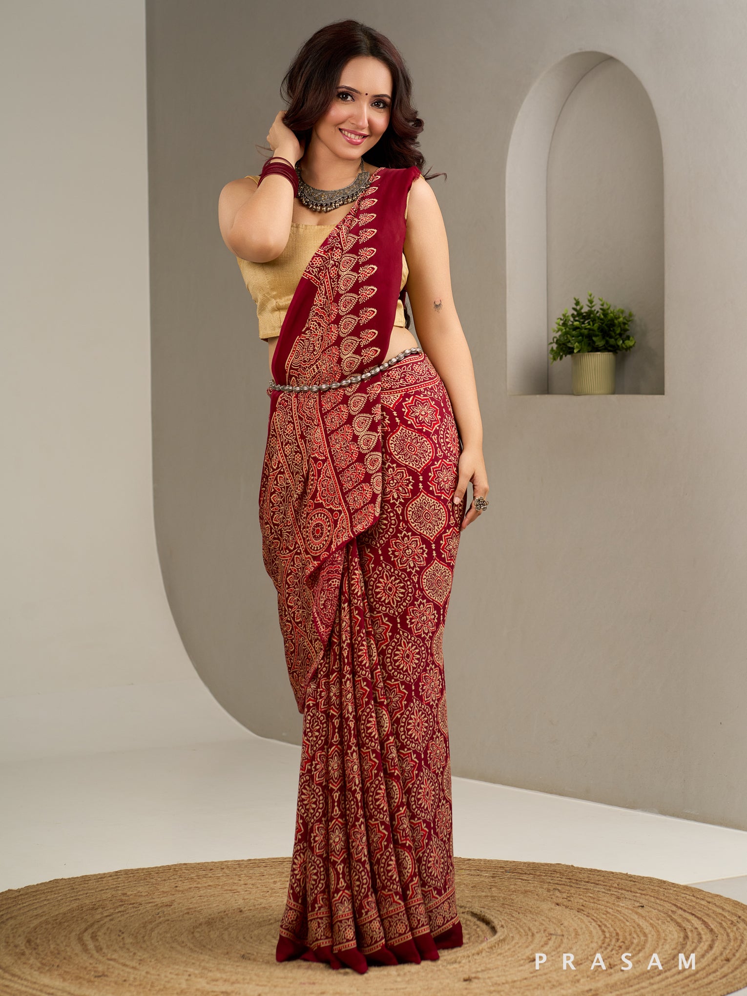 Gulzaar Garnet Ajrakh Modal Silk Saree.