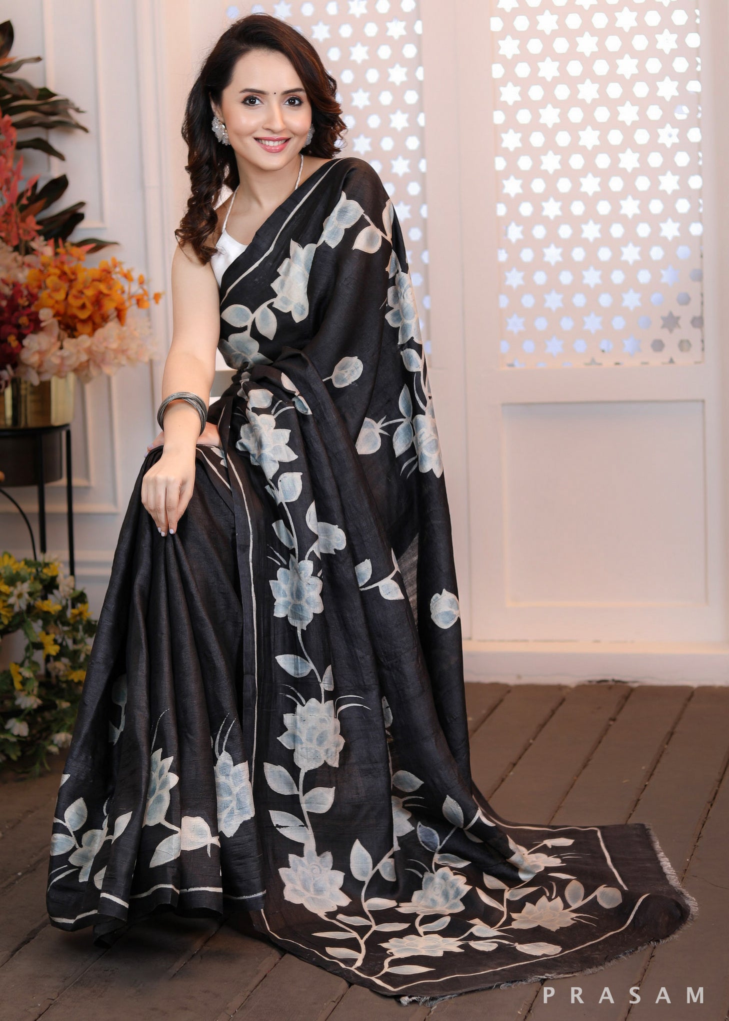 Floral Fantasy Black Hand painted Pure Silk Saree