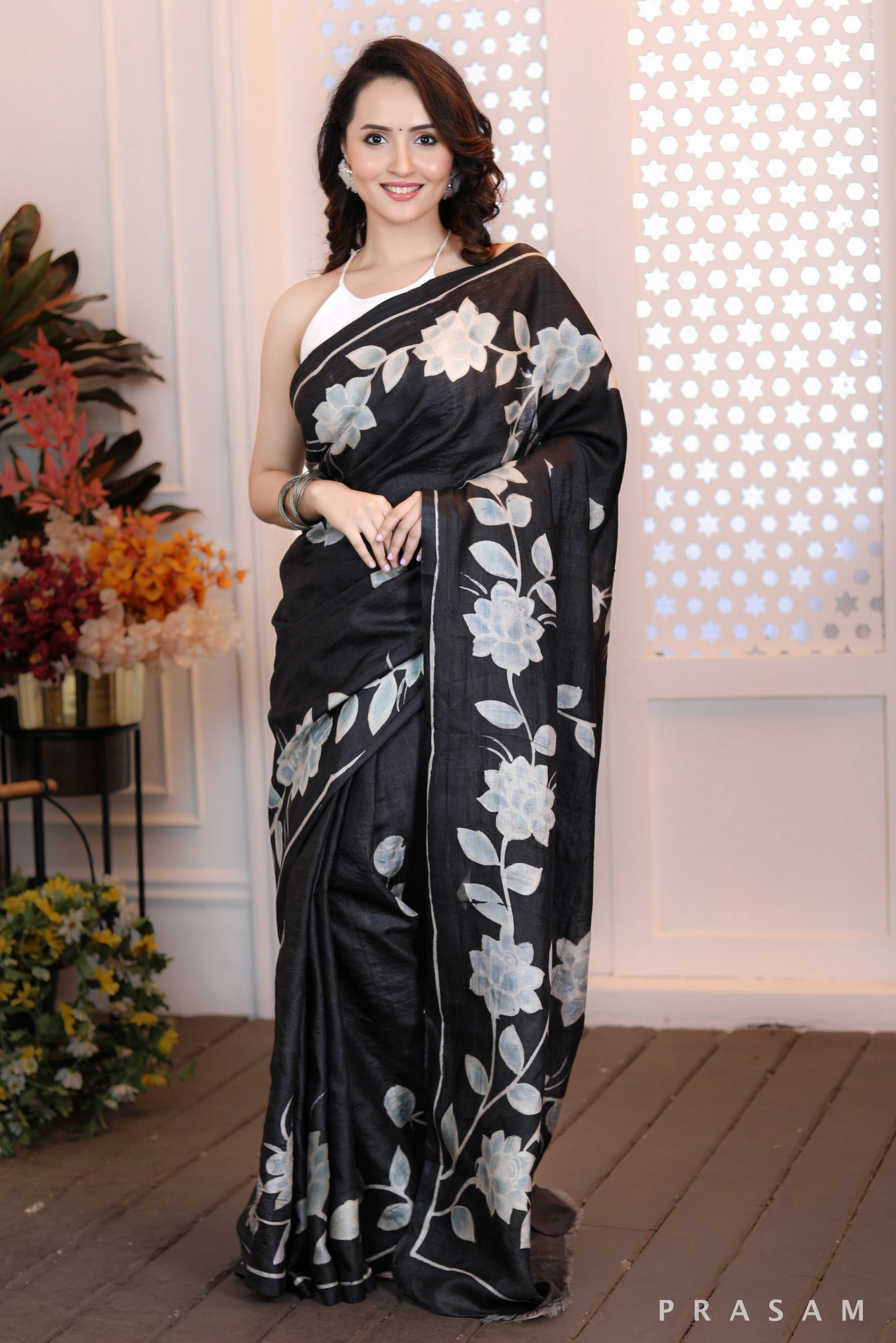 Floral Fantasy Black Hand painted Pure Silk Saree