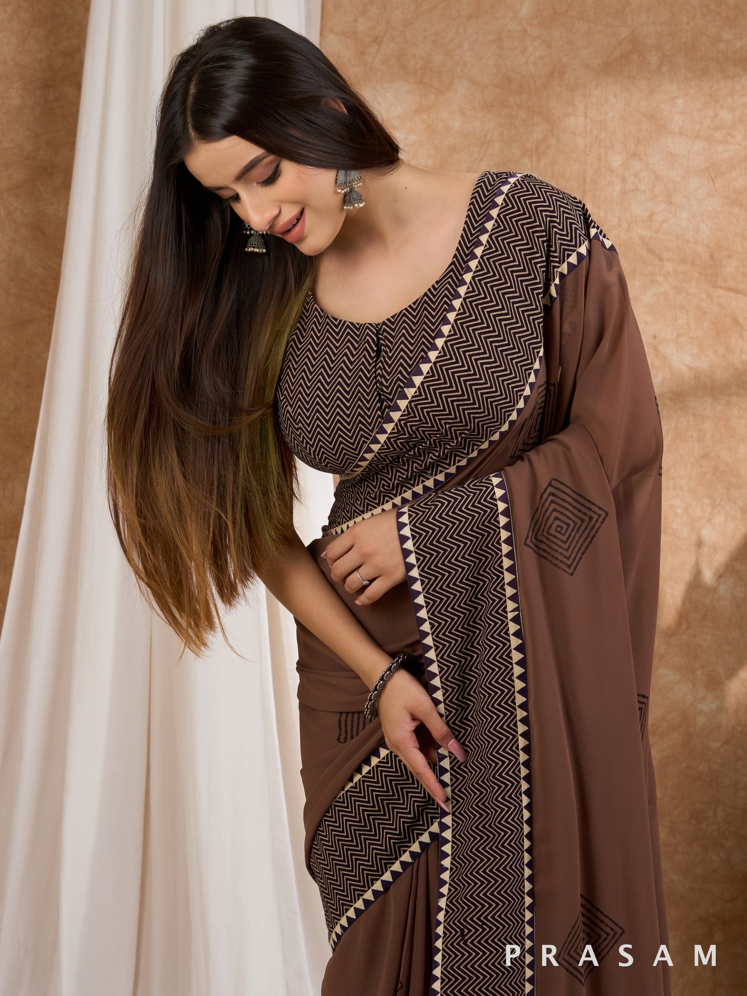 Chhaap - Brown Block Printed Georgette Saree with Ajrakh Border saree