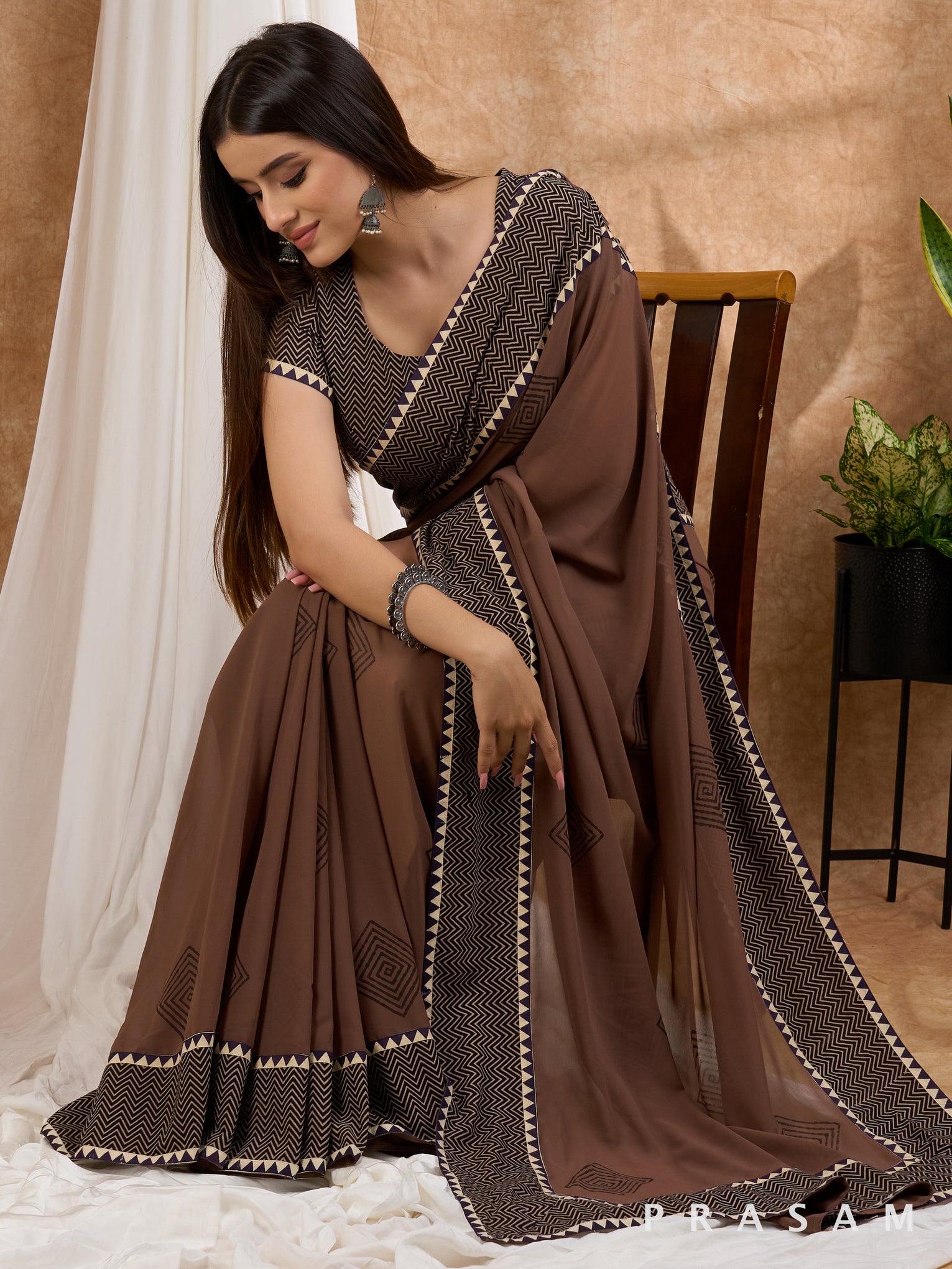 Chhaap - Brown Block Printed Georgette Saree with Ajrakh Border saree