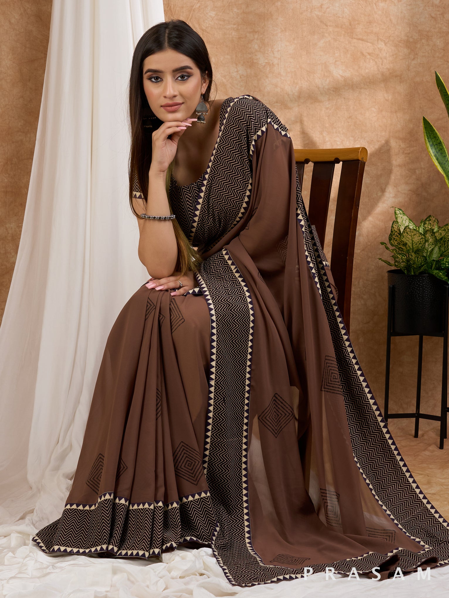 Chhaap - Brown Block Printed Georgette Saree with Ajrakh Border saree