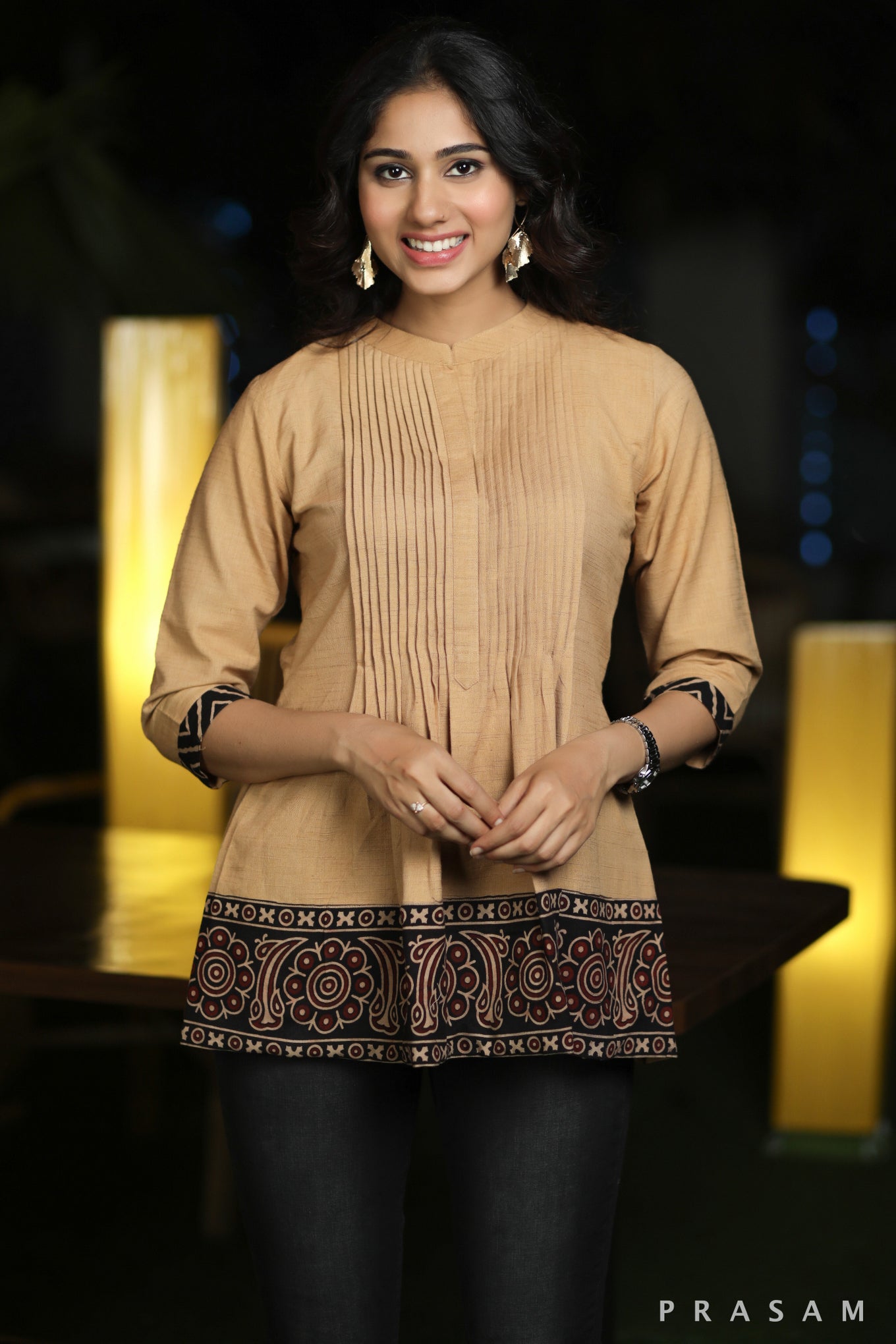 Ethno Traditions Indo Western Handloom Cotton Tunic With Pleated Details And Ajrakh Borders