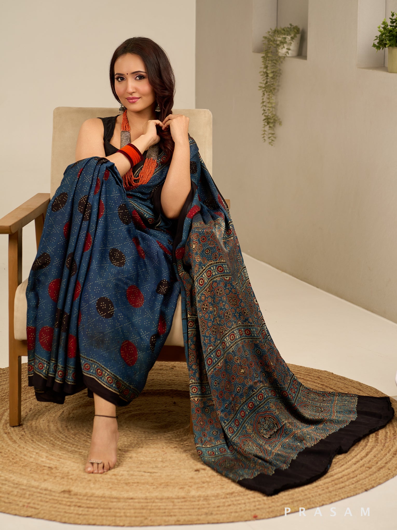 Ink Wave Ajrakh Modal Silk Saree.