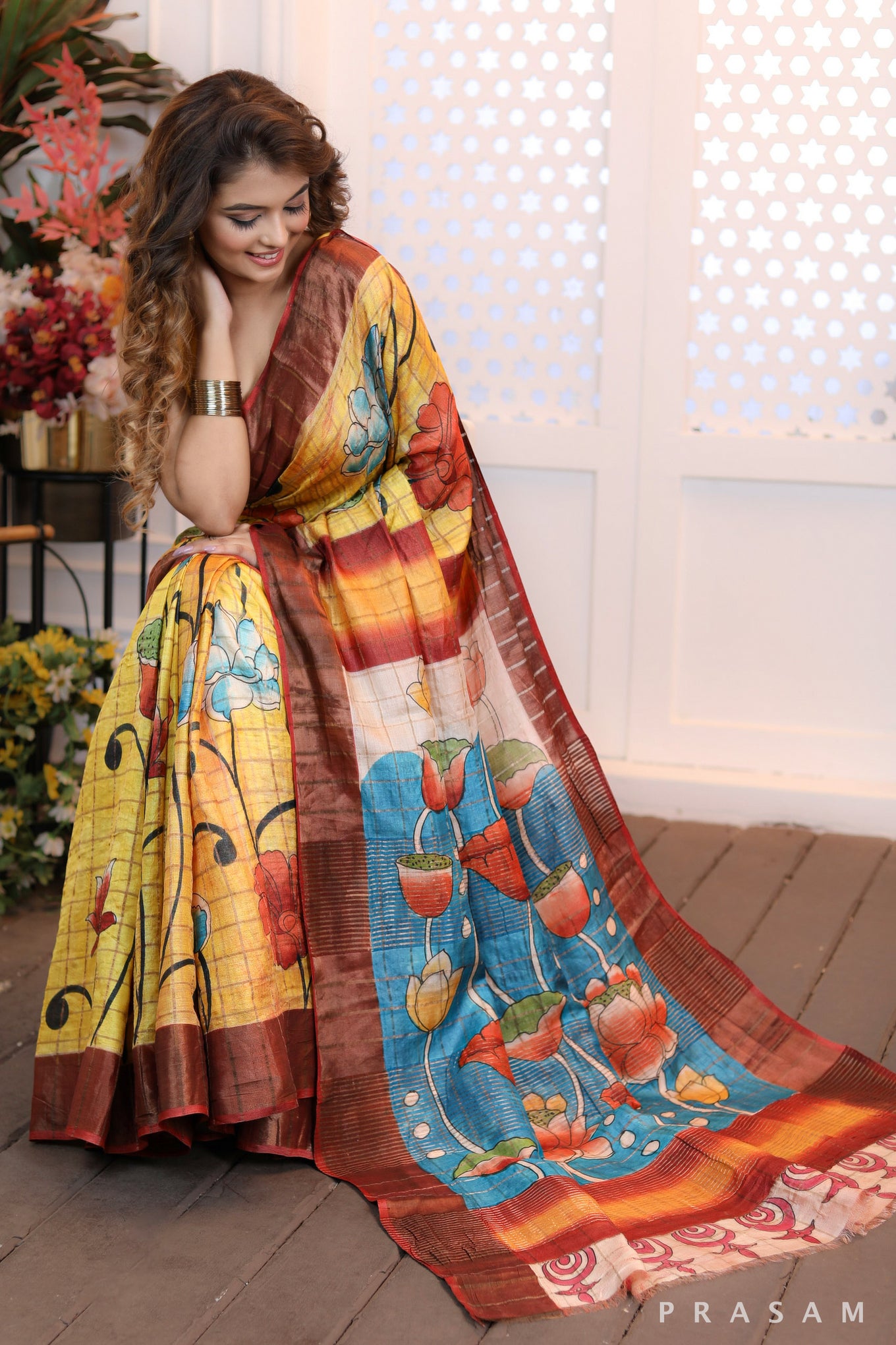 Blossom Cascade Sleek heritage golden yellow checks & floral handpainted silk saree