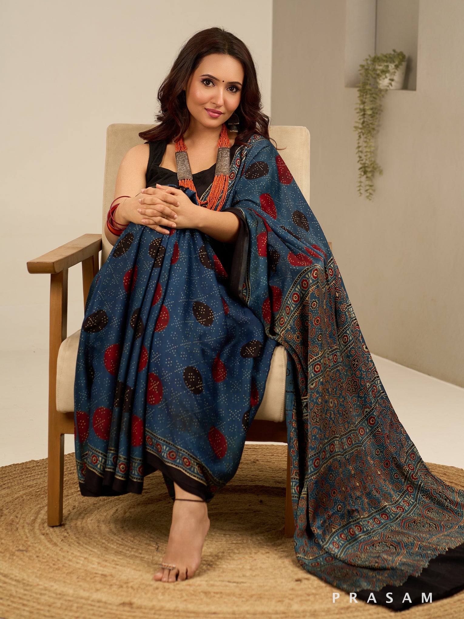 Ink Wave Ajrakh Modal Silk Saree.