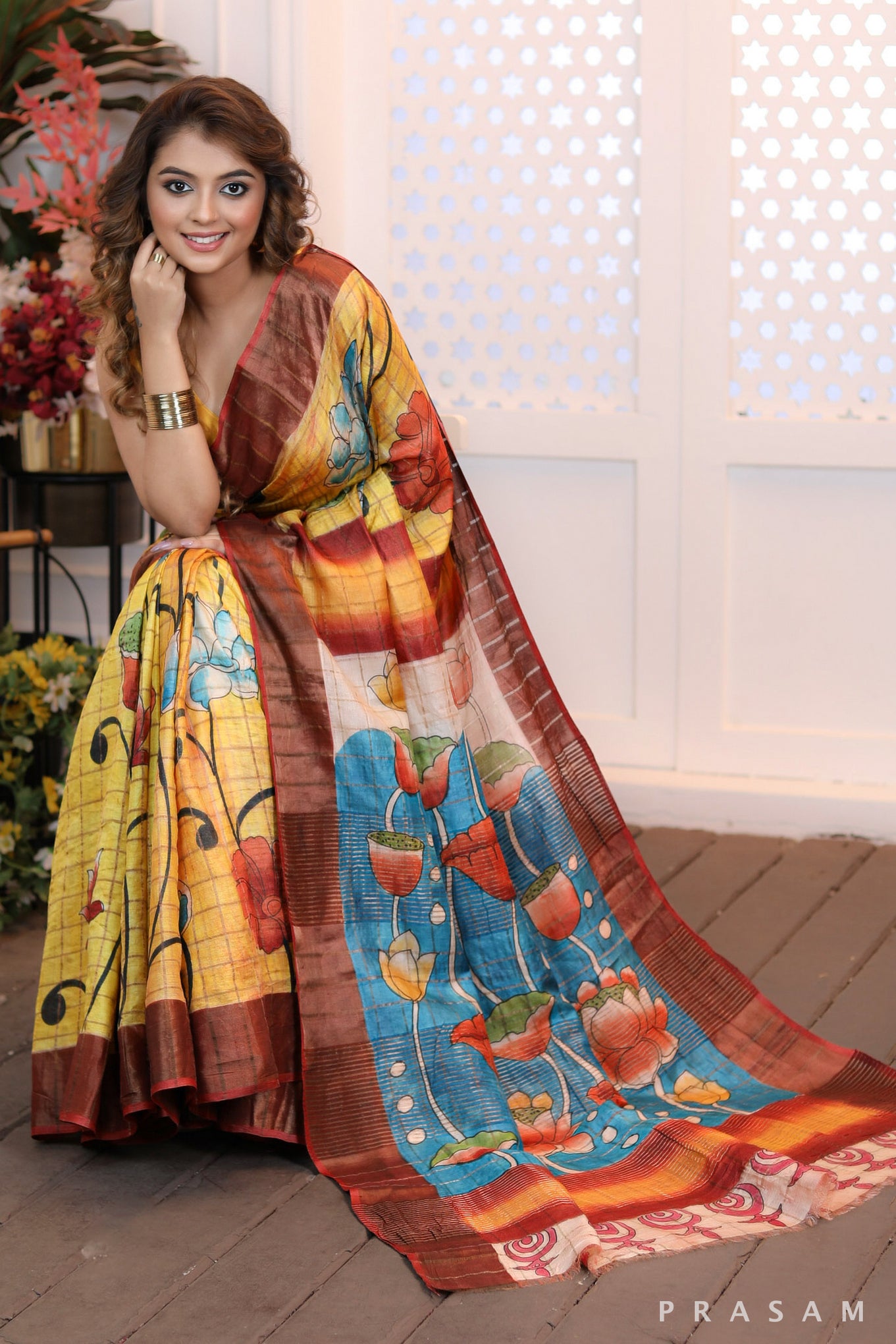 Blossom Cascade Sleek heritage golden yellow checks & floral handpainted silk saree