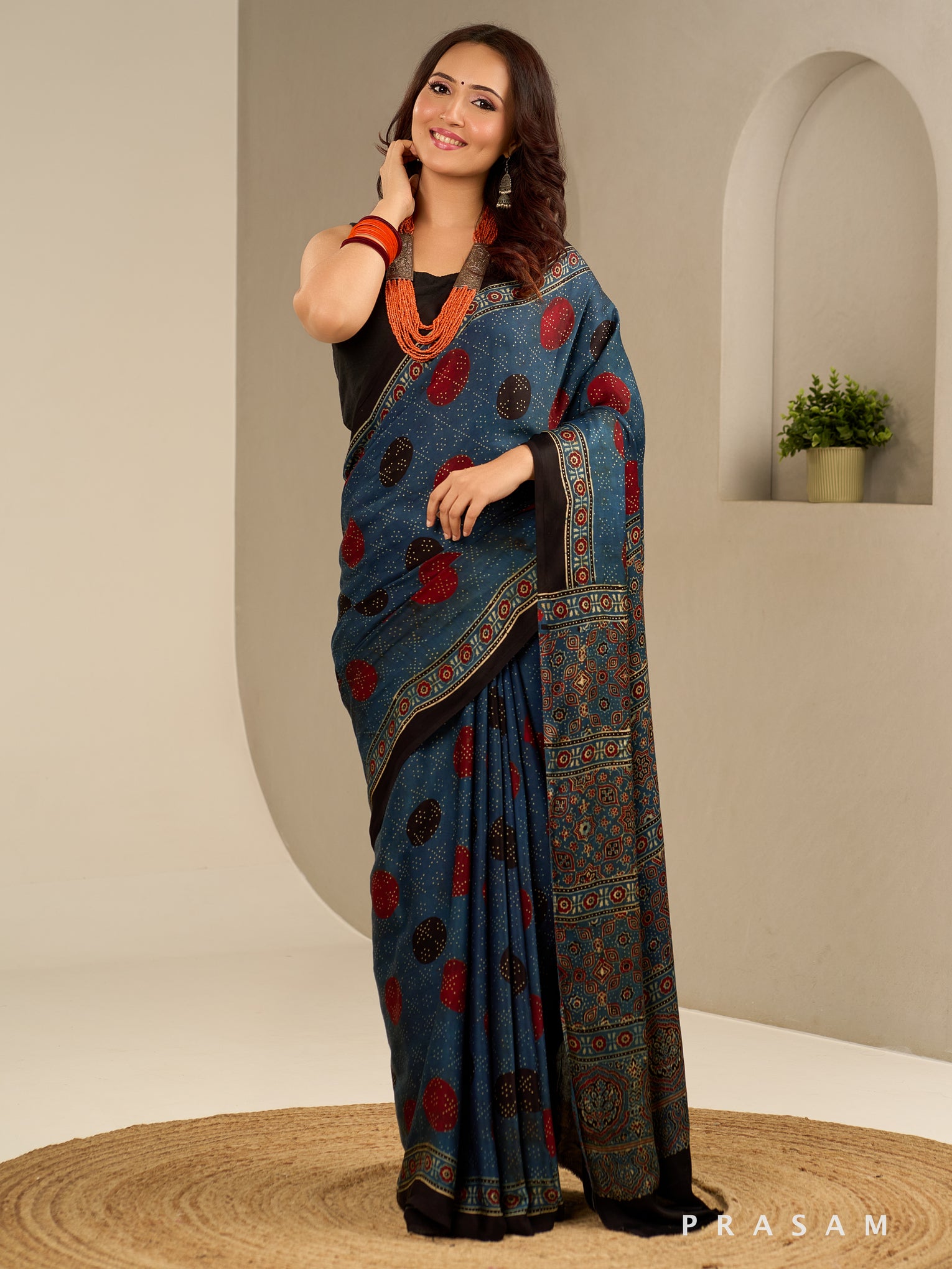 Ink Wave Ajrakh Modal Silk Saree.