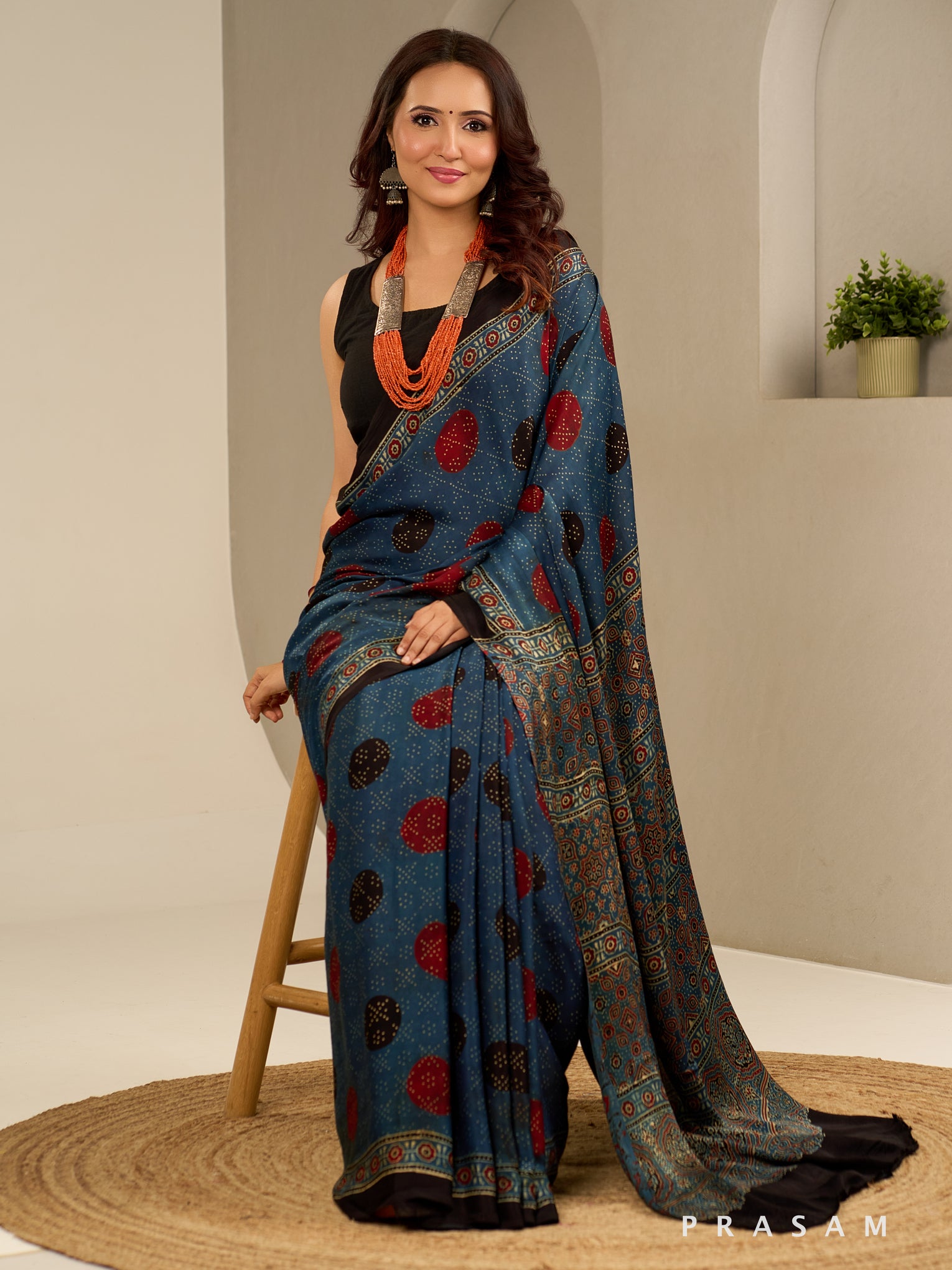 Ink Wave Ajrakh Modal Silk Saree.