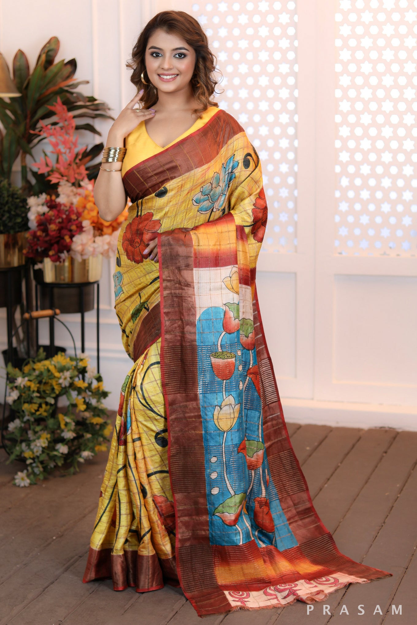 Blossom Cascade Sleek heritage golden yellow checks & floral handpainted silk saree