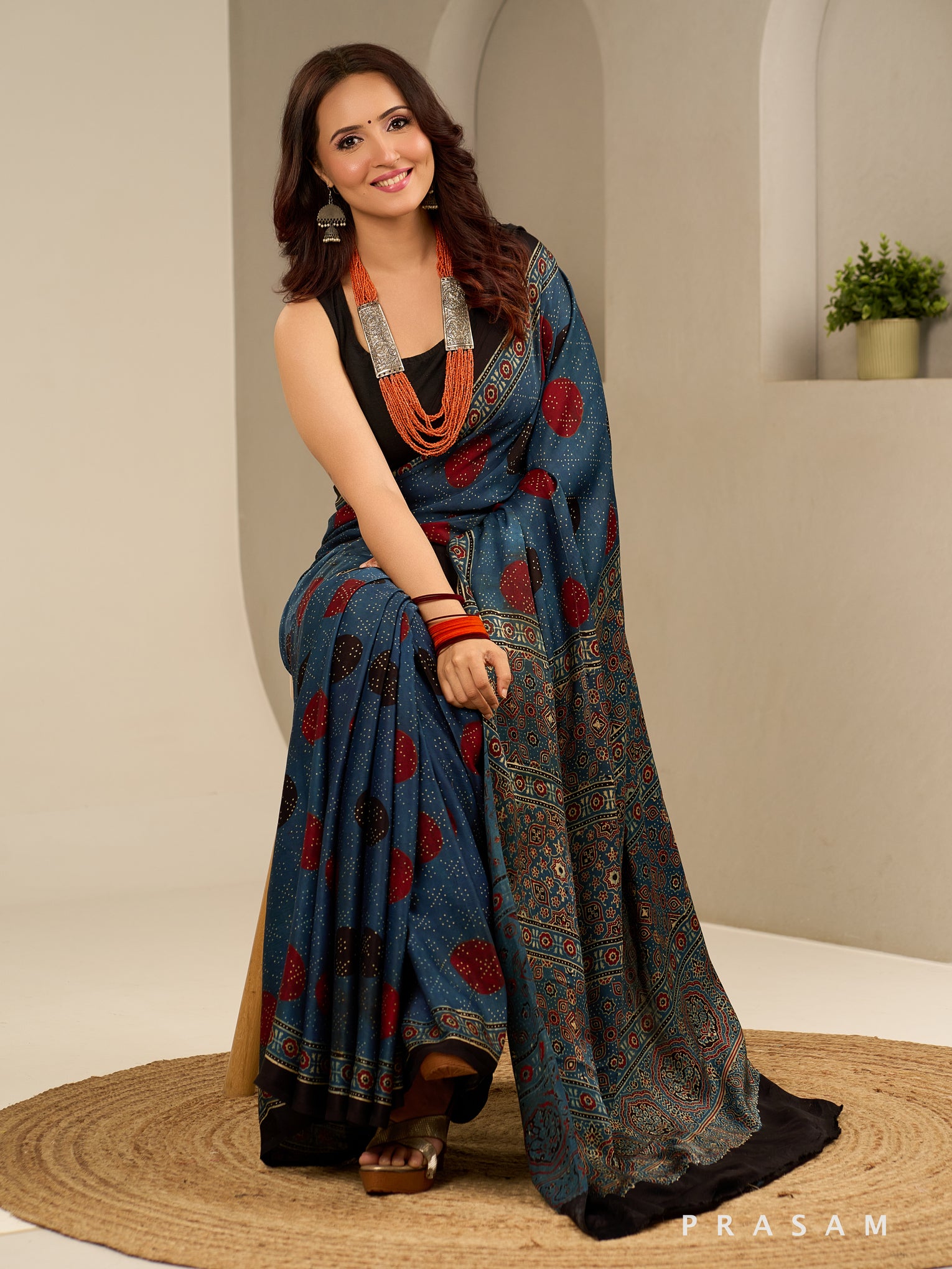 Ink Wave Ajrakh Modal Silk Saree.