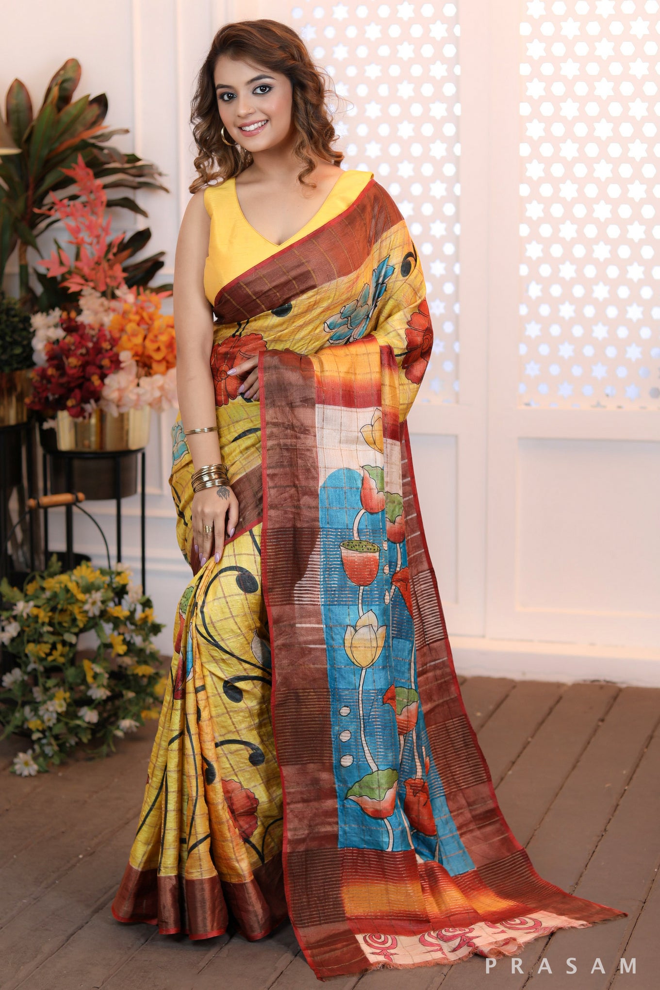 Blossom Cascade Sleek heritage golden yellow checks & floral handpainted silk saree