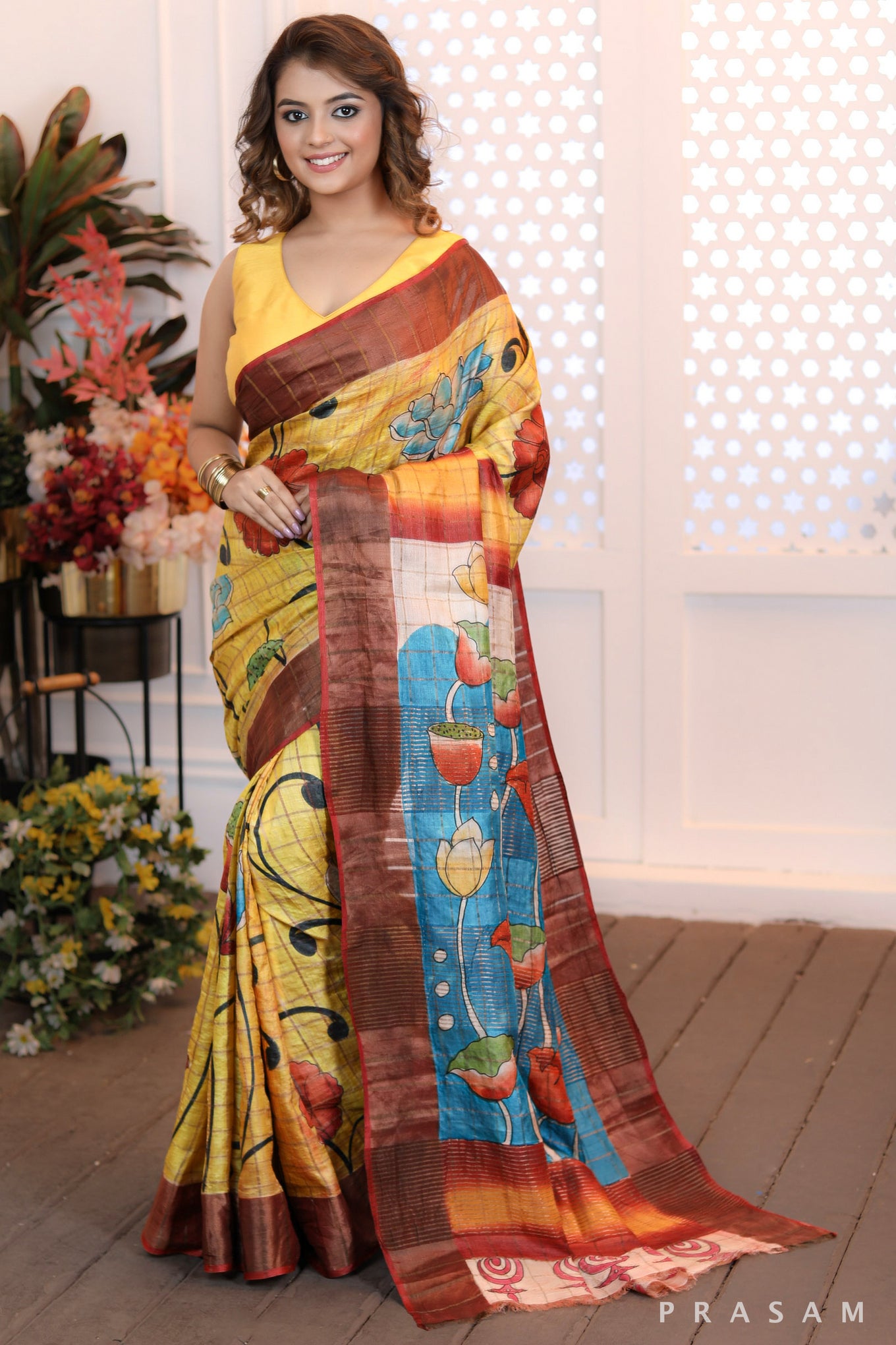 Blossom Cascade Sleek heritage golden yellow checks & floral handpainted silk saree