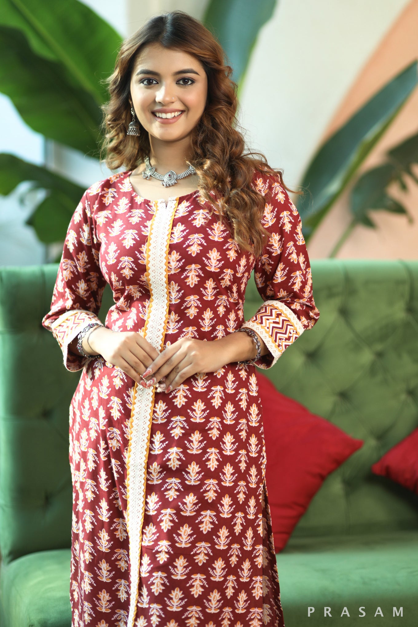 Ruby Radiance Elegant Soft Cotton Printed Kurta With Lace Trims And Afghani Salwar (Optional Dupatta)