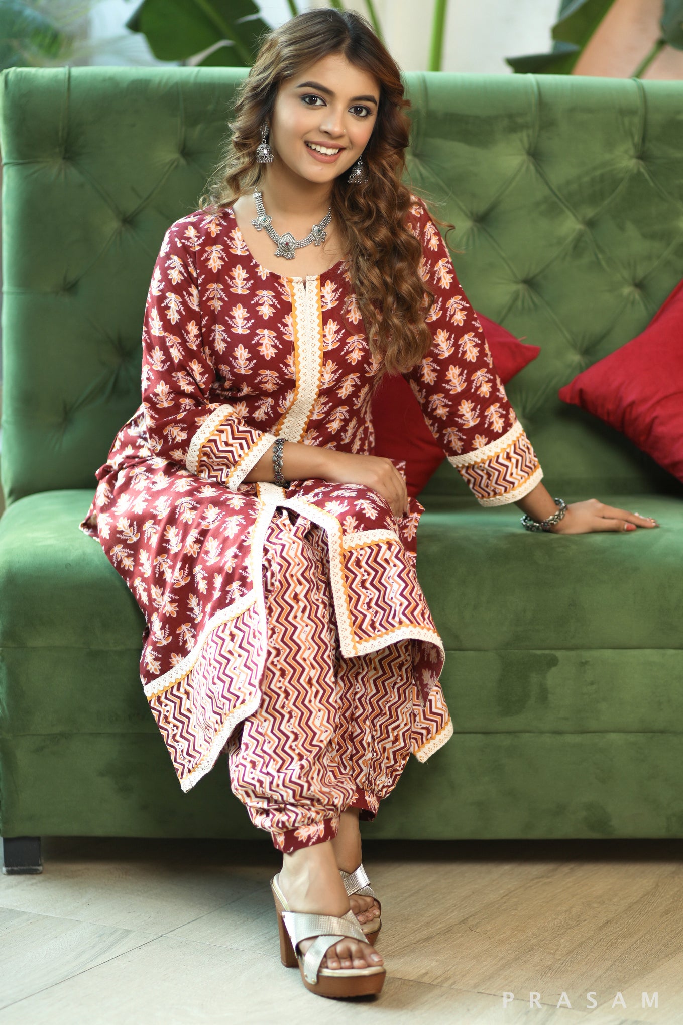 Ruby Radiance Elegant Soft Cotton Printed Kurta With Lace Trims And Afghani Salwar (Optional Dupatta)
