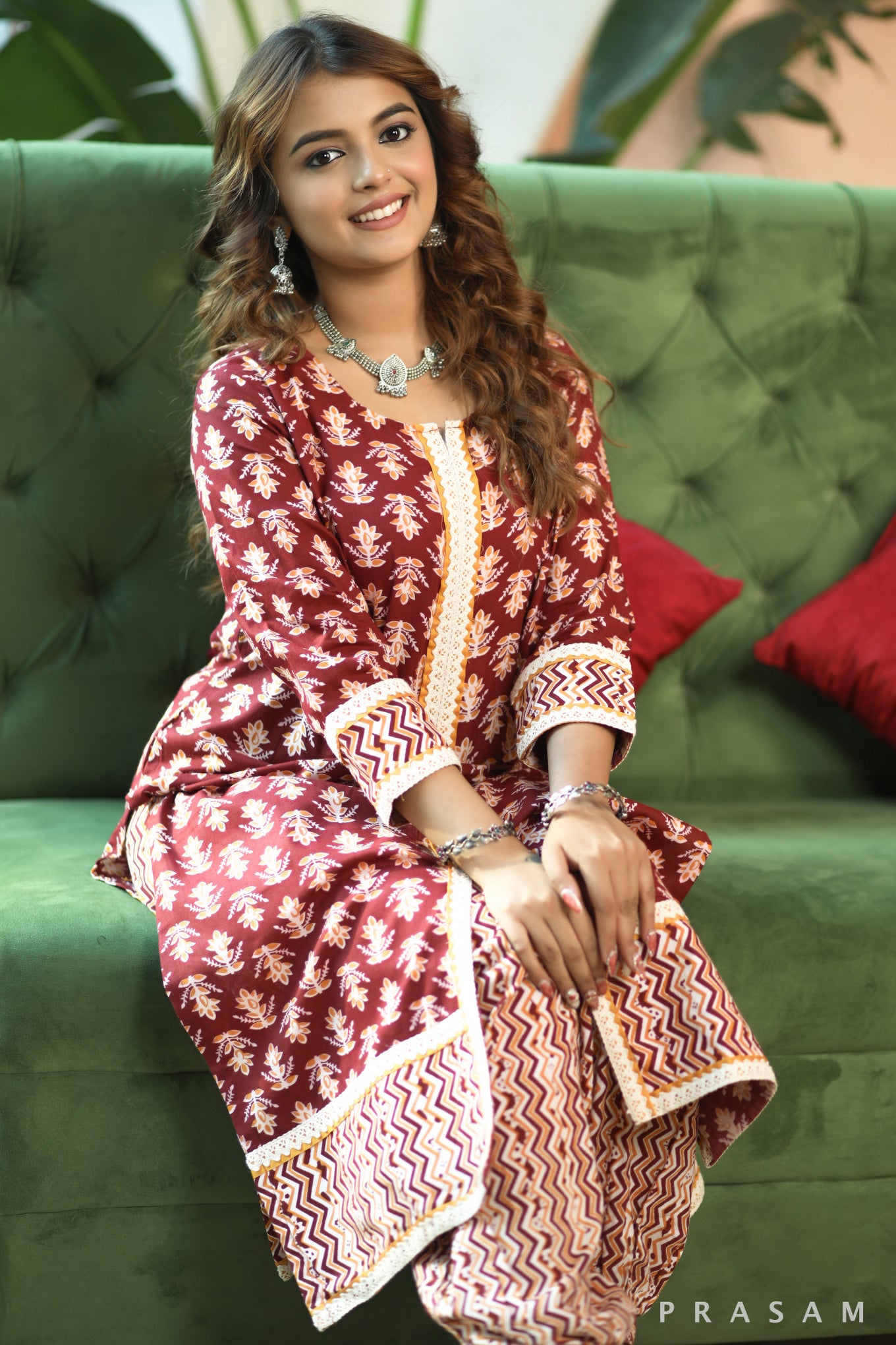 Ruby Radiance Elegant Soft Cotton Printed Kurta With Lace Trims And Afghani Salwar (Optional Dupatta)