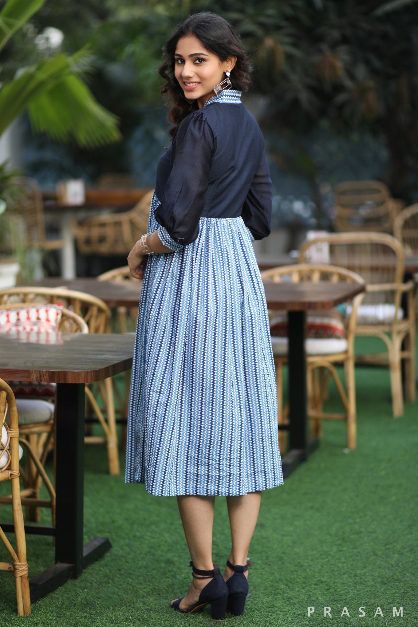 Indigo Classic Couture Sleek Soft Cotton Print And Chanderi Silk Dress With Slight Puff Sleeves