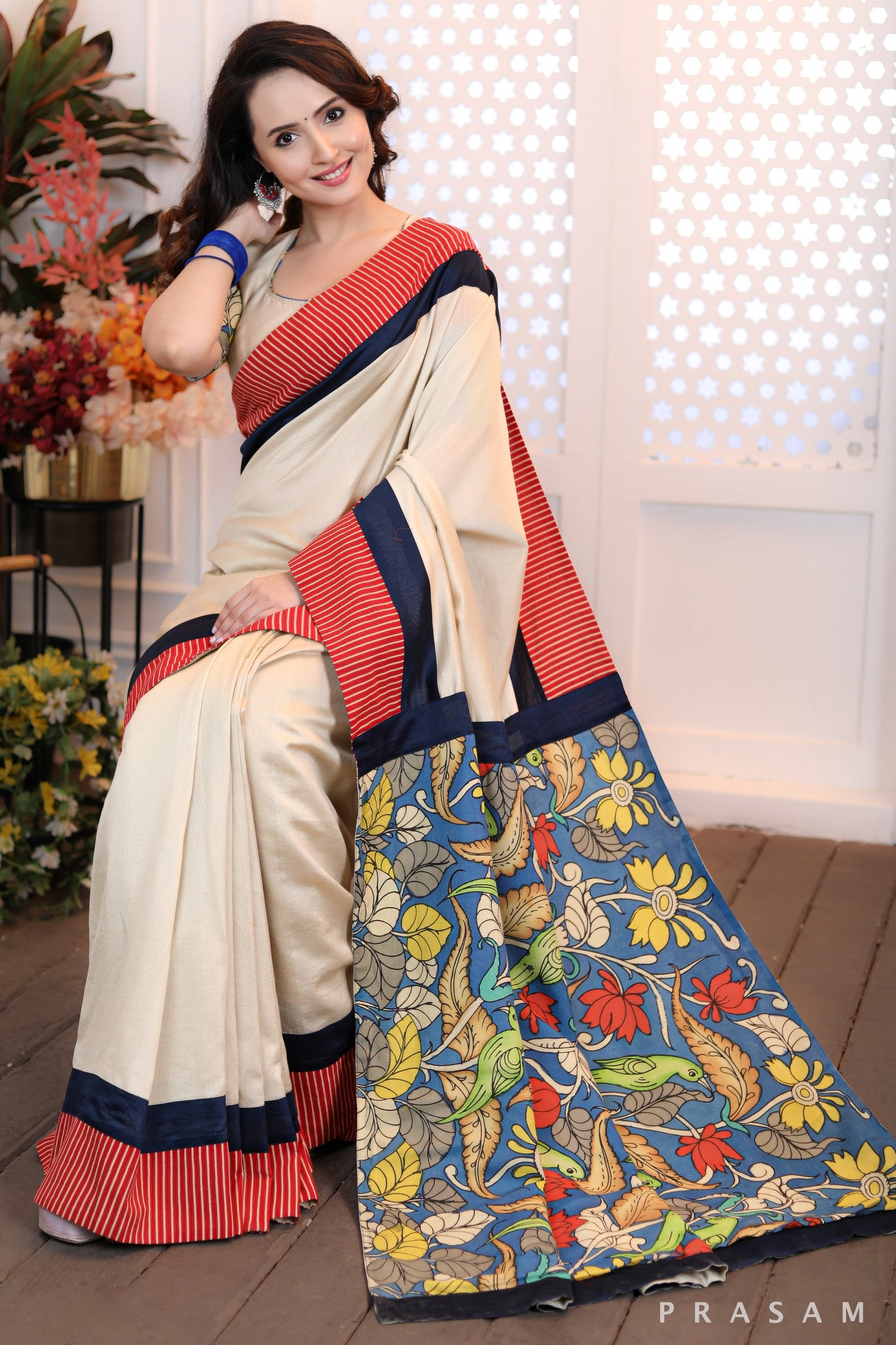 Fashionista Fusion Modern Beige Chanderi Silk Saree with Kalamkari Pallu & Ajrakh Border