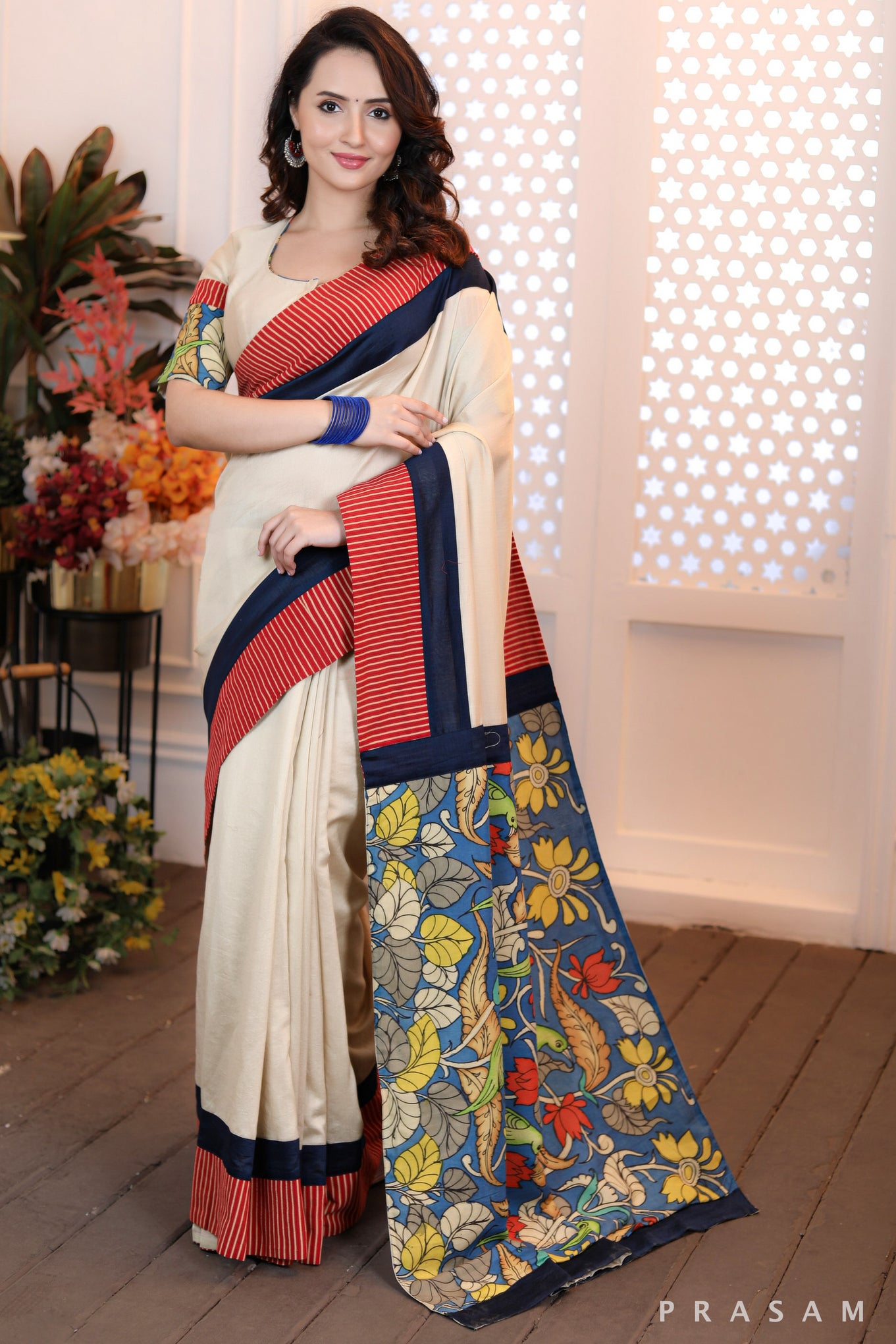 Fashionista Fusion Modern Beige Chanderi Silk Saree with Kalamkari Pallu & Ajrakh Border