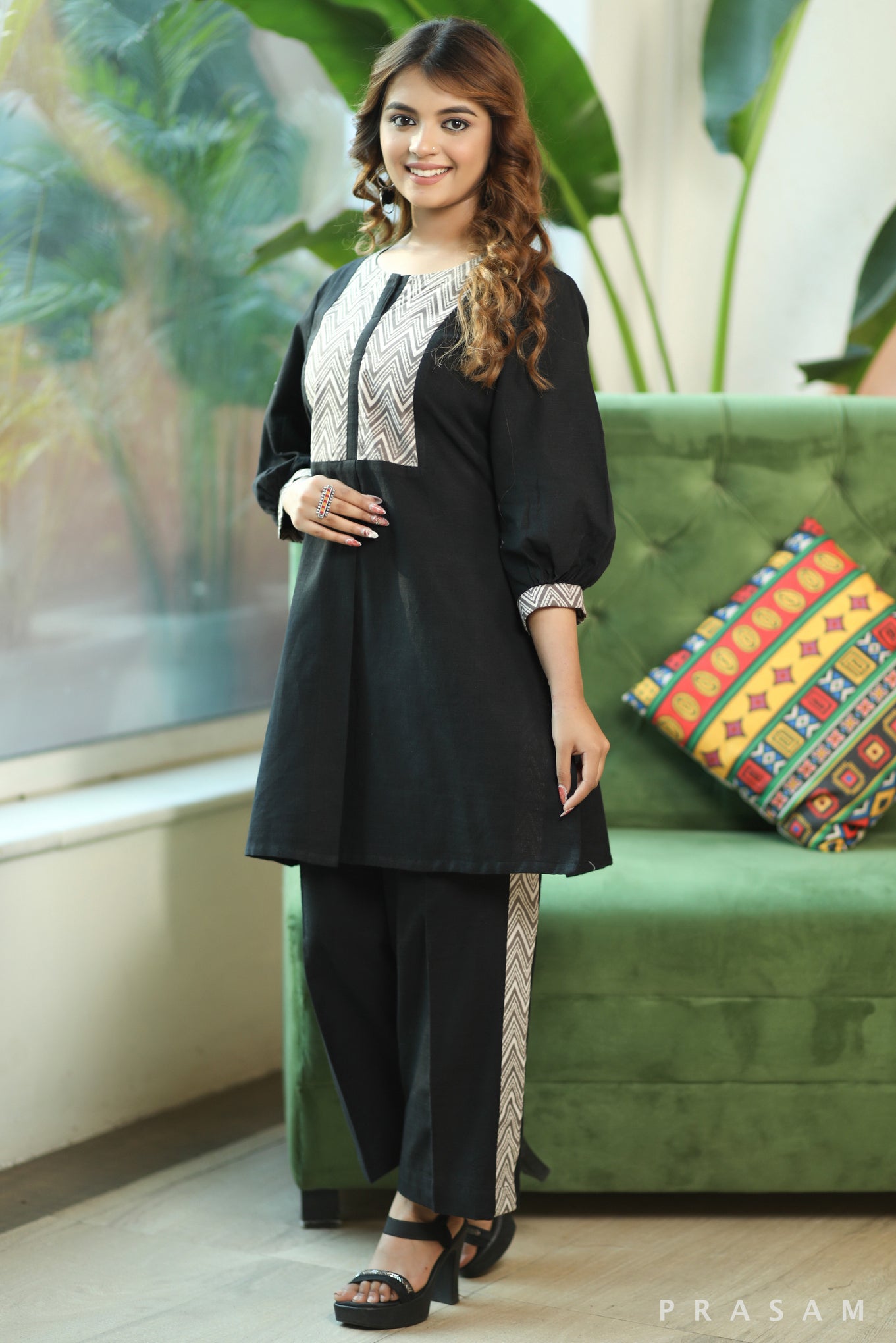 Dazzling Black Beauty Stylish Handloom Cotton Co-ord Set With Bagru Yoke And Details At the Pant